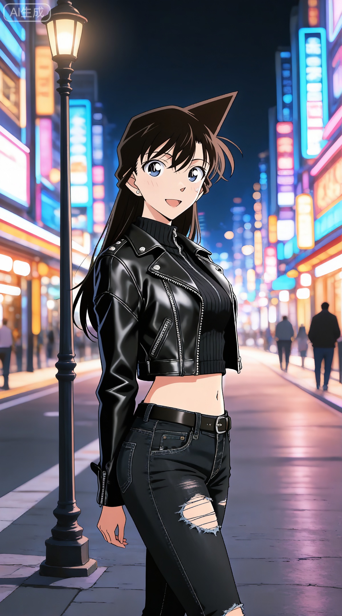 depth of field,masterpiece,best quality,very aesthetic,alternate costume,alternate costume,2024,2023,perfect composition,ultra-detailed,extreme aesthetic,masterpiece,best quality,good quality,newest,year 2024,year 2023,very aesthetic,absurdres,looking_at_viewer,colorful,
black hair, long hair, blue eyes, pants, 1girl, jacket, outdoors, black jacket, night, looking at viewer, open jacket, smile, open clothes, torn pants, standing, denim, black pants, blurry, leather jacket, long sleeves, sweater, lamppost, blurry background, leather, torn clothes, jeans, open mouth, street, from side, city, solo focus, solo, midriff, zipper, jewelry, torn jeans, unzipped, black sweater, bandaid, :d, hair between eyes, belt, road, breasts