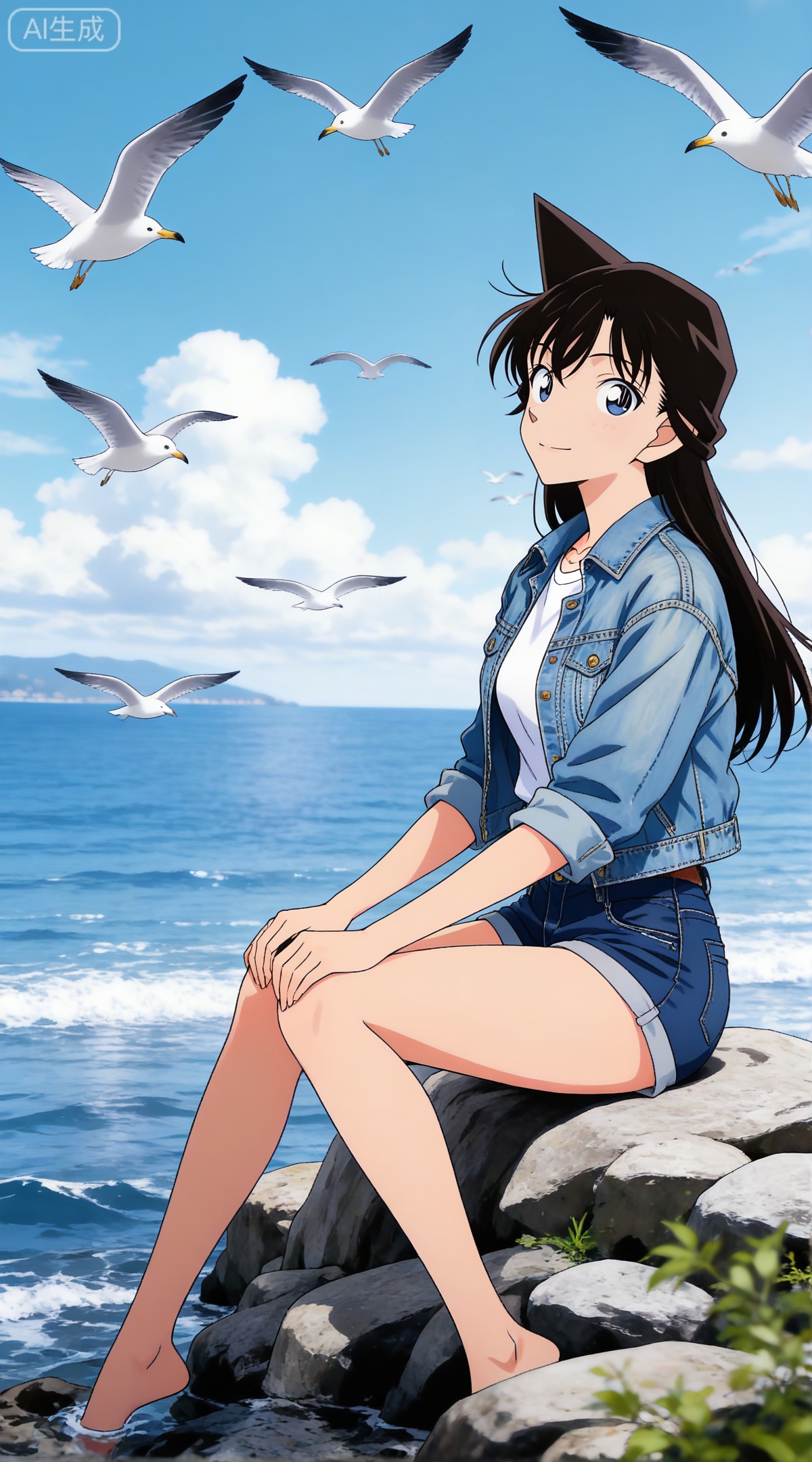 depth of field,masterpiece,best quality,very aesthetic,alternate costume,alternate costume,2024,2023,perfect composition,ultra-detailed,extreme aesthetic,masterpiece,best quality,good quality,newest,year 2024,year 2023,very aesthetic,absurdres,looking_at_viewer,colorful,
black hair, long hair, blue eyes, 1girl, outdoors, shirt, white shirt, solo, jacket, ocean, day, blue jacket, bird, sitting, open clothes, sky, shorts, open jacket, closed mouth, seagull, collarbone, rock, denim jacket, blue sky, water, cloud, from side, smile, long sleeves, denim, sleeves rolled up, hand on own knee, head rest, blue shorts