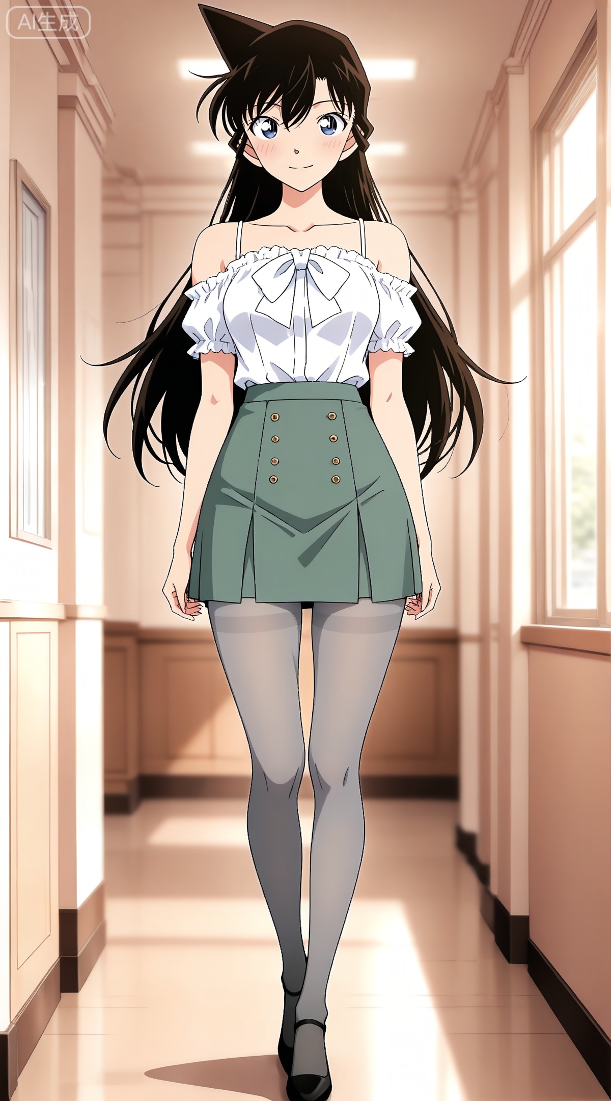 depth of field,masterpiece,best quality,very aesthetic,alternate costume,alternate costume,2024,2023,perfect composition,ultra-detailed,extreme aesthetic,masterpiece,best quality,good quality,newest,year 2024,year 2023,very aesthetic,absurdres,looking_at_viewer,colorful,
black hair, long hair, blue eyes, 1girl, pantyhose, solo, skirt, smile, grey pantyhose, full body, looking at viewer, collarbone, shirt, standing, black footwear, blurry background, white shirt, grey skirt, blurry, off shoulder, closed mouth, bare shoulders, green skirt, bow, very long hair, off-shoulder shirt, hair between eyes, blush, miniskirt, indoors