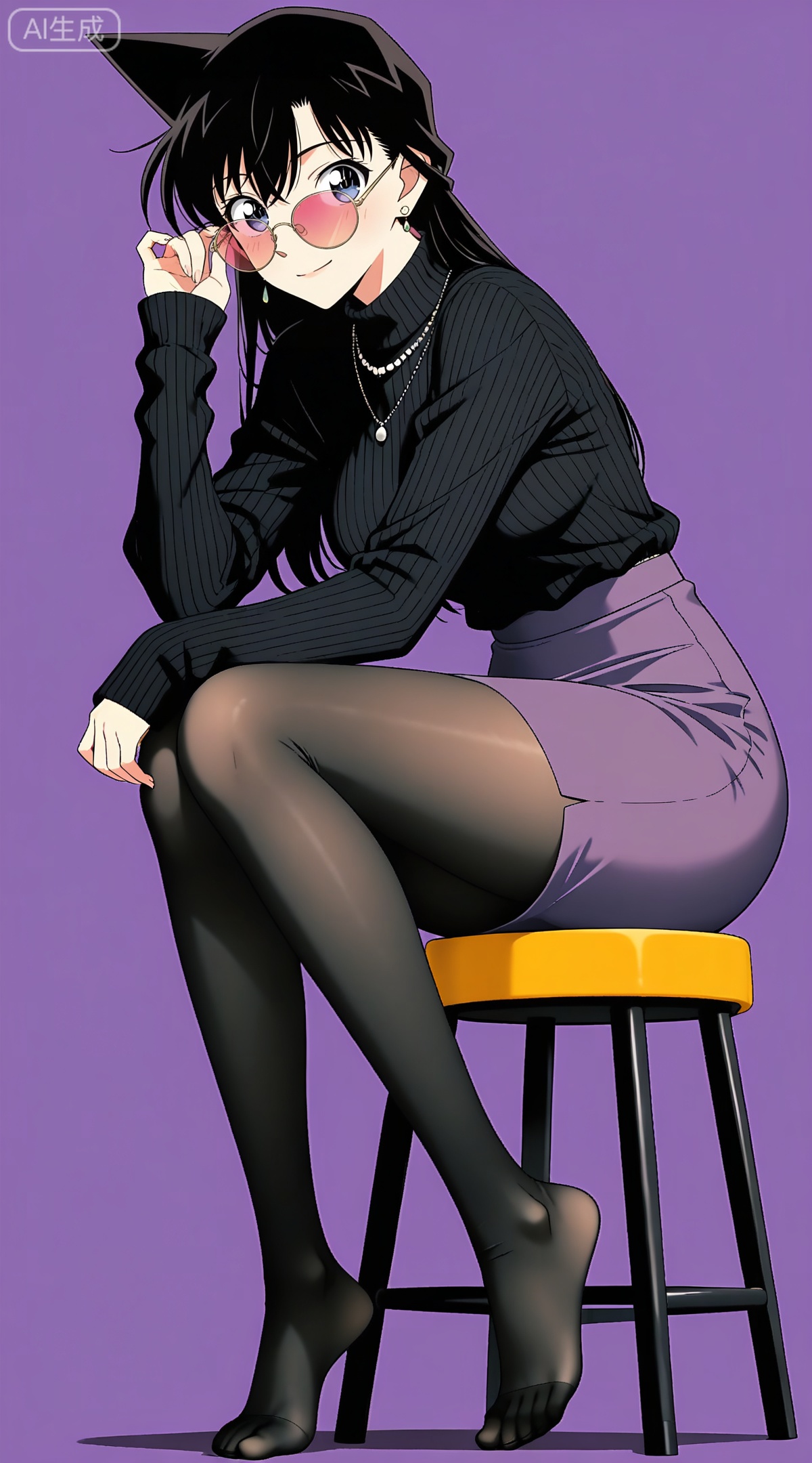 depth of field,masterpiece,best quality,very aesthetic,alternate costume,alternate costume,2024,2023,perfect composition,ultra-detailed,extreme aesthetic,masterpiece,best quality,good quality,newest,year 2024,year 2023,very aesthetic,absurdres,looking_at_viewer,colorful,
black hair, long hair, blue eyes, 1girl, solo, pantyhose, skirt, jewelry, tinted eyewear, purple background, black sweater, necklace, looking over eyewear, simple background, sweater, stool, sitting, round eyewear, looking at viewer, black pantyhose, long sleeves, no shoes, full body, glasses, pencil skirt, earrings, smile, sunglasses, blush, purple skirt, sleeves past wrists, pink-tinted eyewear, turtleneck, feet, breasts, turtleneck sweater, closed mouth, ribbed sweater, black shirt, adjusting eyewear