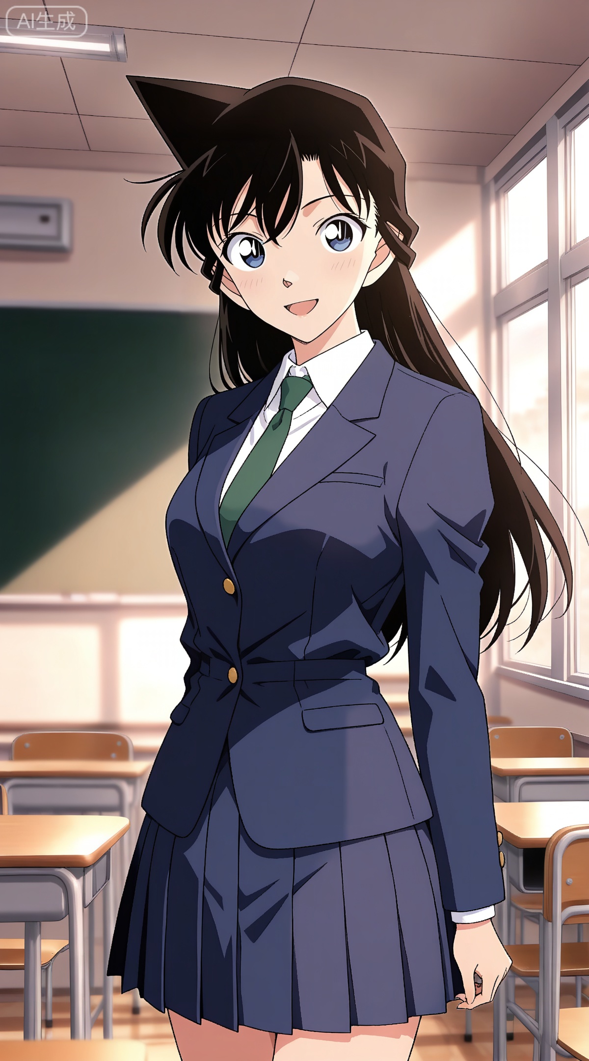 depth of field,masterpiece,best quality,very aesthetic,alternate costume,alternate costume,2024,2023,perfect composition,ultra-detailed,extreme aesthetic,masterpiece,best quality,good quality,newest,year 2024,year 2023,very aesthetic,absurdres,looking_at_viewer,colorful,
black hair, long hair, blue eyes, 1girl, classroom, solo, skirt, pleated skirt, necktie, green necktie, indoors, jacket, smile, school uniform, chalkboard, blue jacket, blue skirt, shirt, open mouth, white shirt, looking at viewer, collared shirt, desk, standing, long sleeves, blazer, school desk, :d, miniskirt, chair, wing collar, cowboy shot, school, school chair