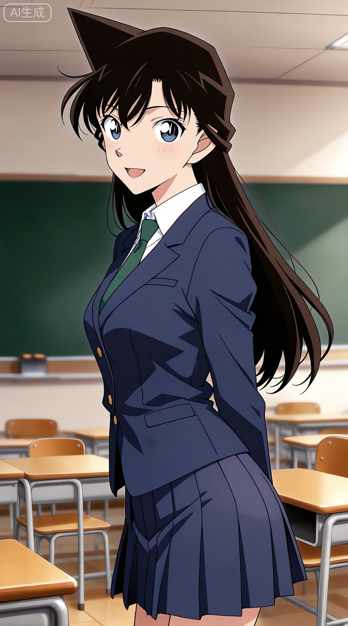 depth of field,masterpiece,best quality,very aesthetic,alternate costume,alternate costume,2024,2023,perfect composition,ultra-detailed,extreme aesthetic,masterpiece,best quality,good quality,newest,year 2024,year 2023,very aesthetic,absurdres,looking_at_viewer,colorful,
black hair, long hair, blue eyes, 1girl, classroom, solo, skirt, pleated skirt, necktie, green necktie, indoors, jacket, smile, school uniform, chalkboard, blue jacket, blue skirt, shirt, open mouth, white shirt, looking at viewer, collared shirt, desk, standing, long sleeves, blazer, school desk, :d, miniskirt, chair, wing collar, cowboy shot, school, school chair