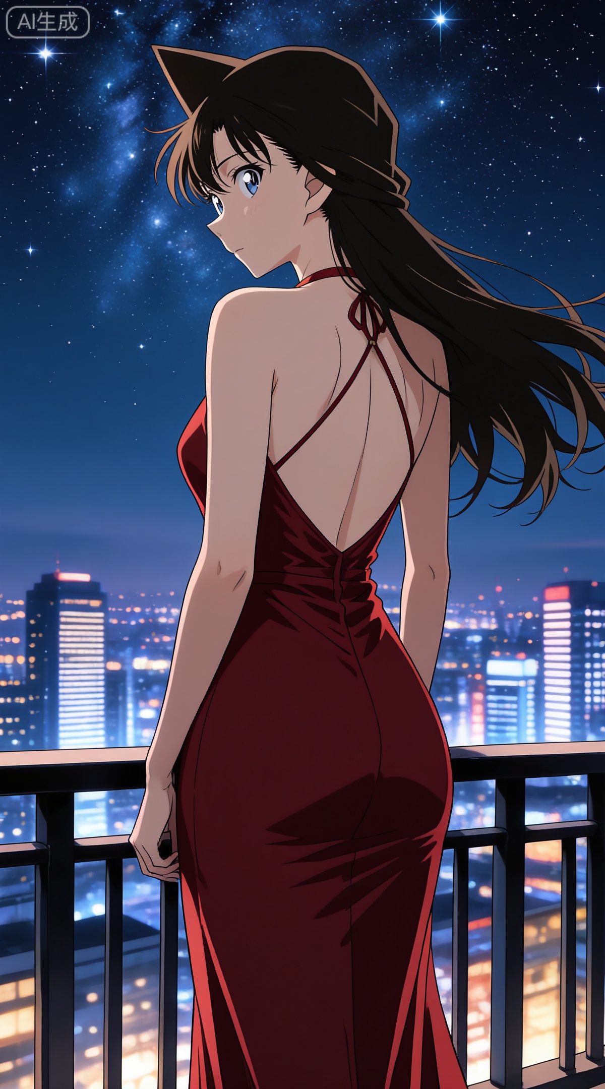 depth of field,masterpiece,best quality,very aesthetic,alternate costume,alternate costume,2024,2023,perfect composition,ultra-detailed,extreme aesthetic,masterpiece,best quality,good quality,newest,year 2024,year 2023,very aesthetic,absurdres,looking_at_viewer,colorful,
black hair, long hair, blue eyes, 1girl, dress, solo, red dress, night, sky, star \(sky\), starry sky, backless outfit, outdoors, night sky, standing, backless dress, sleeveless dress, sleeveless, long dress, closed mouth, breasts, railing, floating hair, shoulder blades, ass, building, cityscape, bare shoulders, city, from behind