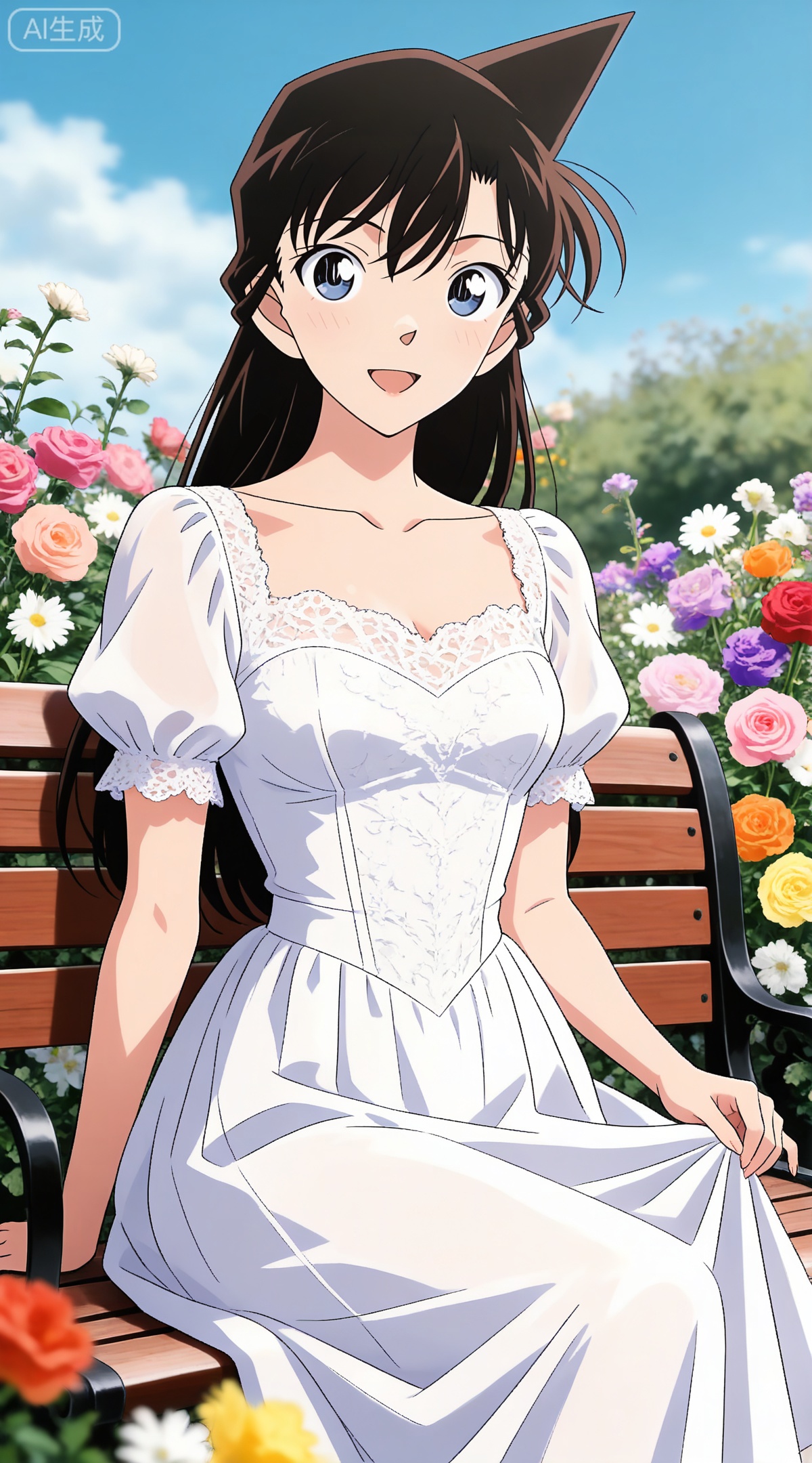 depth of field,masterpiece,best quality,very aesthetic,alternate costume,alternate costume,2024,2023,perfect composition,ultra-detailed,extreme aesthetic,masterpiece,best quality,good quality,newest,year 2024,year 2023,very aesthetic,absurdres,looking_at_viewer,colorful,
black hair, long hair, blue eyes, 1girl, solo, flower, dress, outdoors, sitting, cleavage, breasts, short sleeves, collarbone, pink flower, open mouth, red flower, smile, day, white flower, yellow flower, rose, white dress, :d, orange flower, blurry, bench, purple flower, daisy, medium breasts, pink rose, puffy sleeves, skirt hold