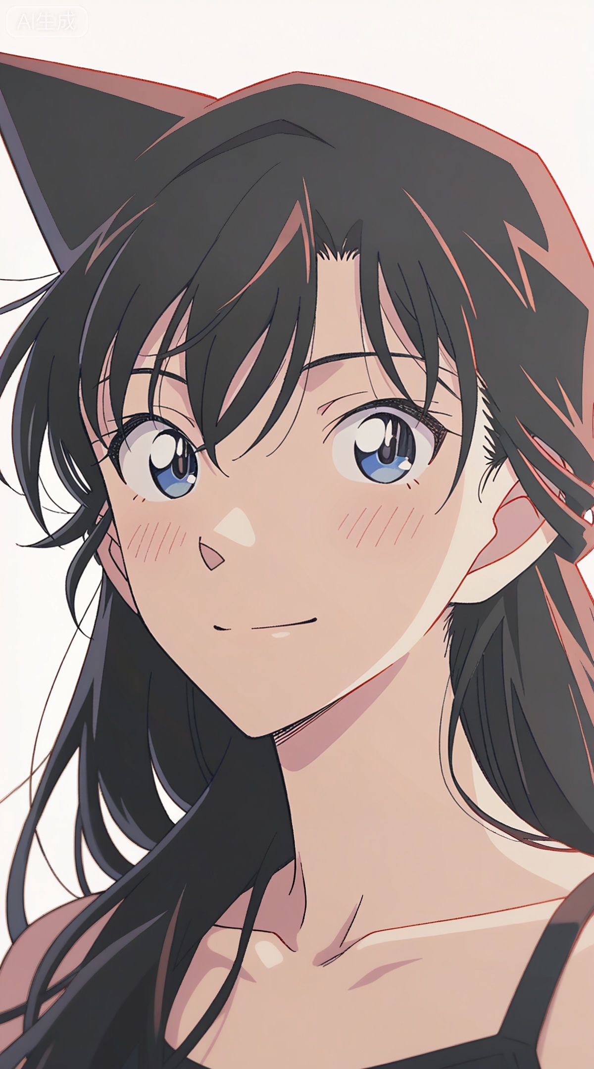 depth of field,masterpiece,best quality,very aesthetic,alternate costume,alternate costume,2024,2023,perfect composition,ultra-detailed,extreme aesthetic,masterpiece,best quality,good quality,newest,year 2024,year 2023,very aesthetic,absurdres,looking_at_viewer,colorful,
black hair, long hair, blue eyes, 1girl, solo, smile, looking at viewer, simple background, collarbone, white background, portrait, closed mouth, hair between eyes, blush