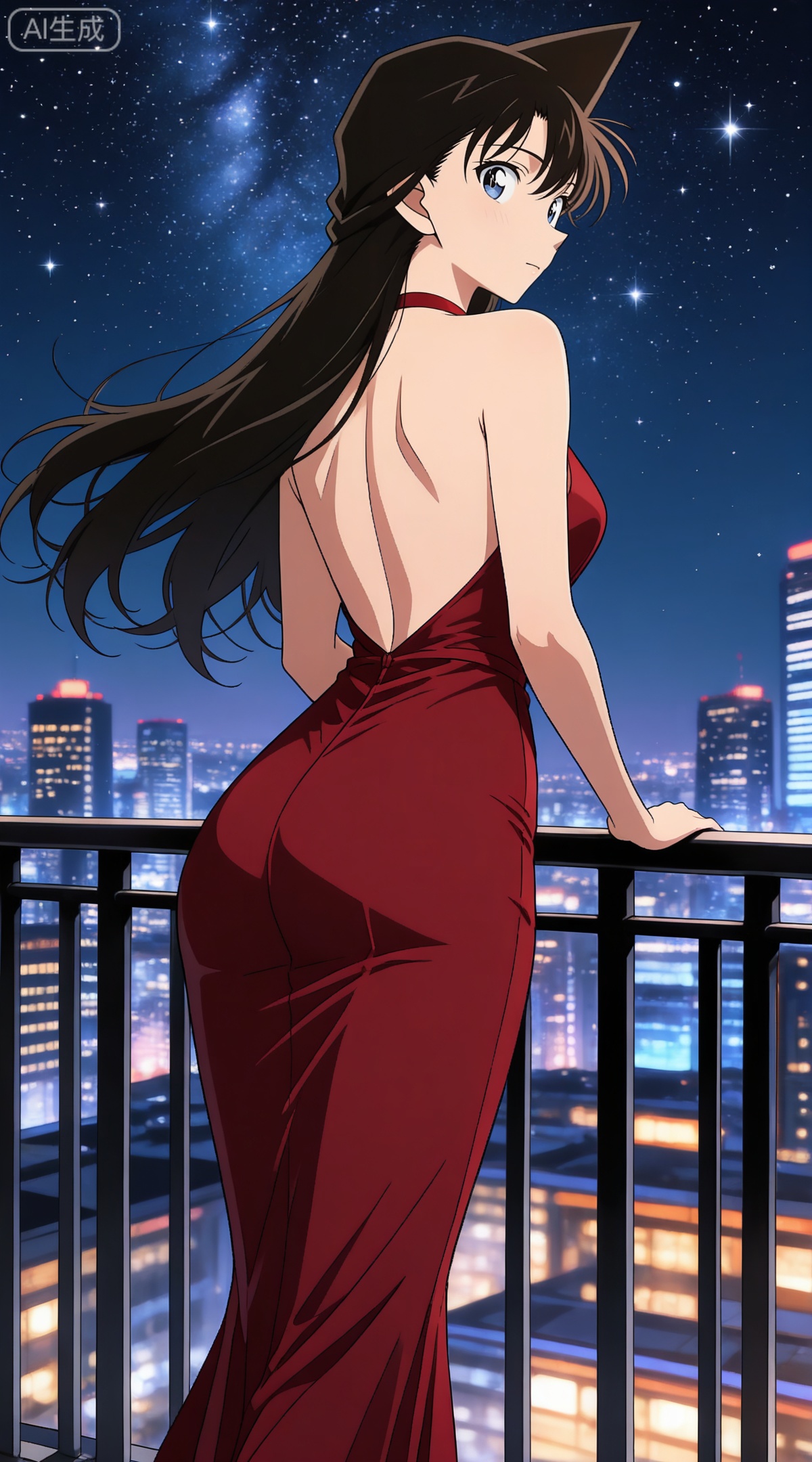 depth of field,masterpiece,best quality,very aesthetic,alternate costume,alternate costume,2024,2023,perfect composition,ultra-detailed,extreme aesthetic,masterpiece,best quality,good quality,newest,year 2024,year 2023,very aesthetic,absurdres,looking_at_viewer,colorful,
black hair, long hair, blue eyes, 1girl, dress, solo, red dress, night, sky, star \(sky\), starry sky, backless outfit, outdoors, night sky, standing, backless dress, sleeveless dress, sleeveless, long dress, closed mouth, breasts, railing, floating hair, shoulder blades, ass, building, cityscape, bare shoulders, city, from behind