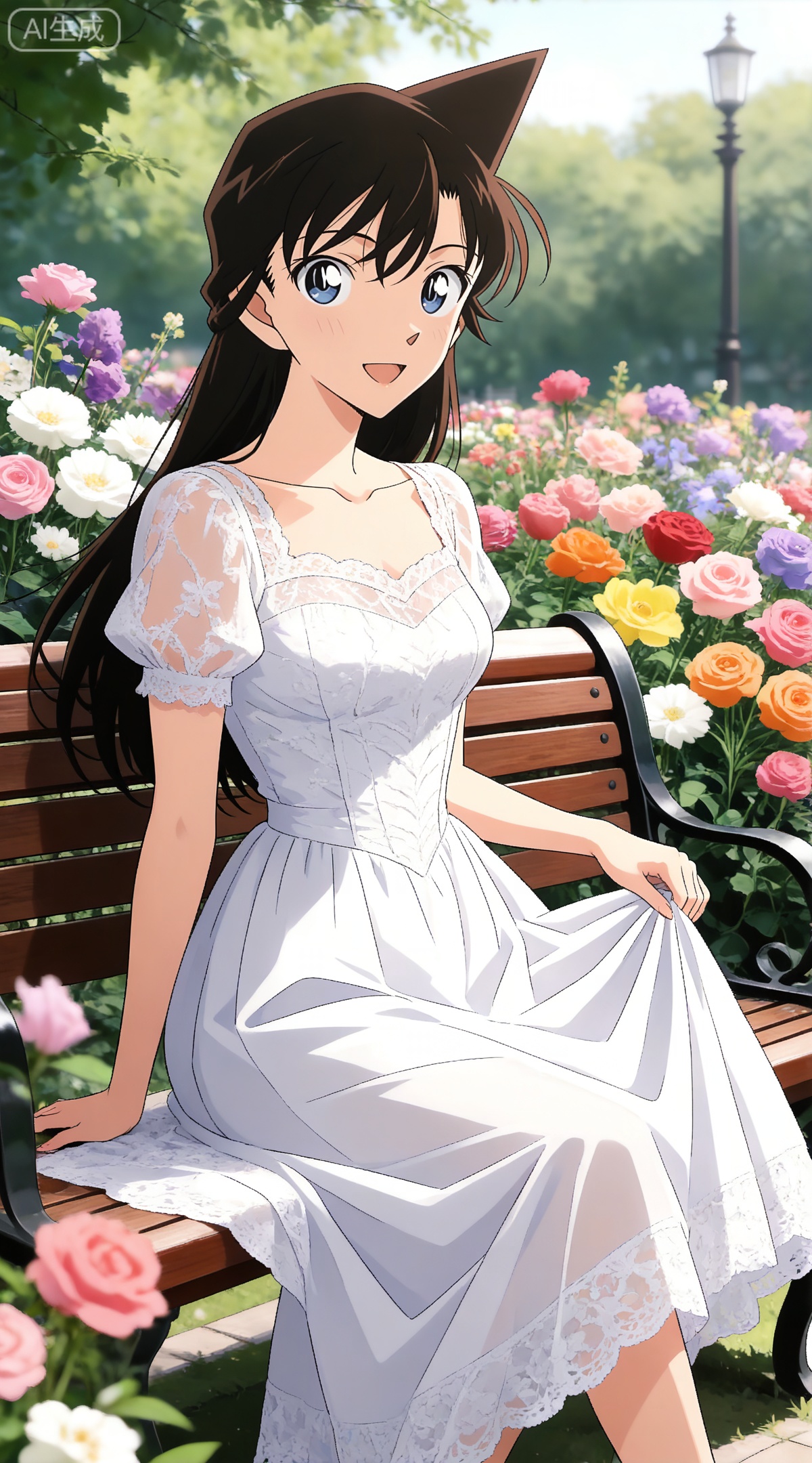 depth of field,masterpiece,best quality,very aesthetic,alternate costume,alternate costume,2024,2023,perfect composition,ultra-detailed,extreme aesthetic,masterpiece,best quality,good quality,newest,year 2024,year 2023,very aesthetic,absurdres,looking_at_viewer,colorful,
black hair, long hair, blue eyes, 1girl, solo, flower, dress, outdoors, sitting, cleavage, breasts, short sleeves, collarbone, pink flower, open mouth, red flower, smile, day, white flower, yellow flower, rose, white dress, :d, orange flower, blurry, bench, purple flower, daisy, medium breasts, pink rose, puffy sleeves, skirt hold