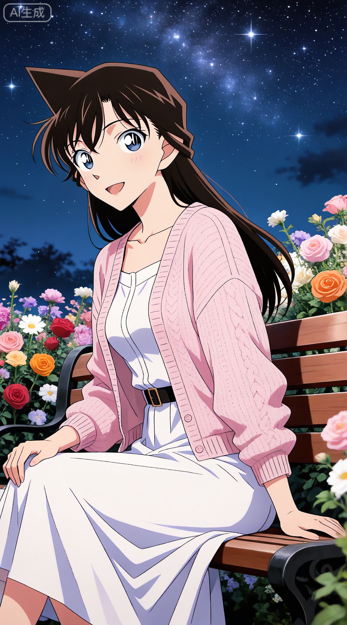 depth of field,masterpiece,best quality,very aesthetic,alternate costume,alternate costume,2024,2023,perfect composition,ultra-detailed,extreme aesthetic,masterpiece,best quality,good quality,newest,year 2024,year 2023,very aesthetic,absurdres,looking_at_viewer,colorful,
black hair, long hair, blue eyes, 1girl, flower, solo, open cardigan, cardigan, sitting, smile, pink flower, orange flower, red flower, outdoors, open mouth, night, white flower, looking at viewer, dress, :d, sky, open clothes, long sleeves, yellow flower, rose, collarbone, pink cardigan, star \(sky\), pink rose, purple flower, night sky, belt, blurry, white cardigan, starry sky, hand on own knee, orange rose, daisy, bench, open jacket, white dress, red rose, jacket