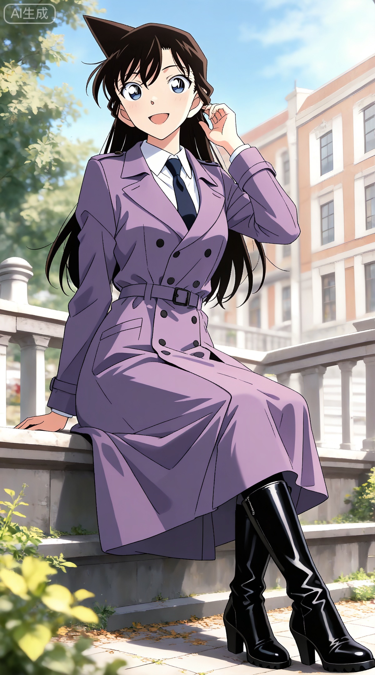 depth of field,masterpiece,best quality,very aesthetic,alternate costume,alternate costume,2024,2023,perfect composition,ultra-detailed,extreme aesthetic,masterpiece,best quality,good quality,newest,year 2024,year 2023,very aesthetic,absurdres,looking_at_viewer,colorful,
black hair, long hair, blue eyes, 1girl, solo, sitting, boots, black footwear, smile, looking at viewer, skirt, open mouth, long sleeves, white shirt, shirt, coat, day, necktie, :d, collared shirt, knee boots, wing collar, purple skirt, purple coat, high heel boots