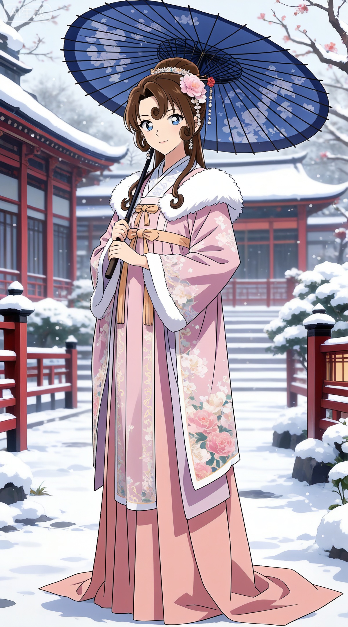 depth of field,masterpiece,best quality,very aesthetic,alternate costume,alternate costume,2024,2023,perfect composition,ultra-detailed,extreme aesthetic,masterpiece,best quality,good quality,newest,year 2024,year 2023,very aesthetic,absurdres,looking_at_viewer,colorful,
brown hair,curly hair,long hair,blue eyes,
1girl,solo,holding,umbrella,snow,holding umbrella,looking at viewer,oil-paper umbrella,tree,chinese clothes,wide sleeves,hair ornament,outdoors,official alternate costume,standing,full body,hair bun,fur trim,long sleeves,east asian architecture,architecture,flower,winter,smile,floral print,dress,fence,bare tree,closed mouth,hair flower,hanfu,23,
