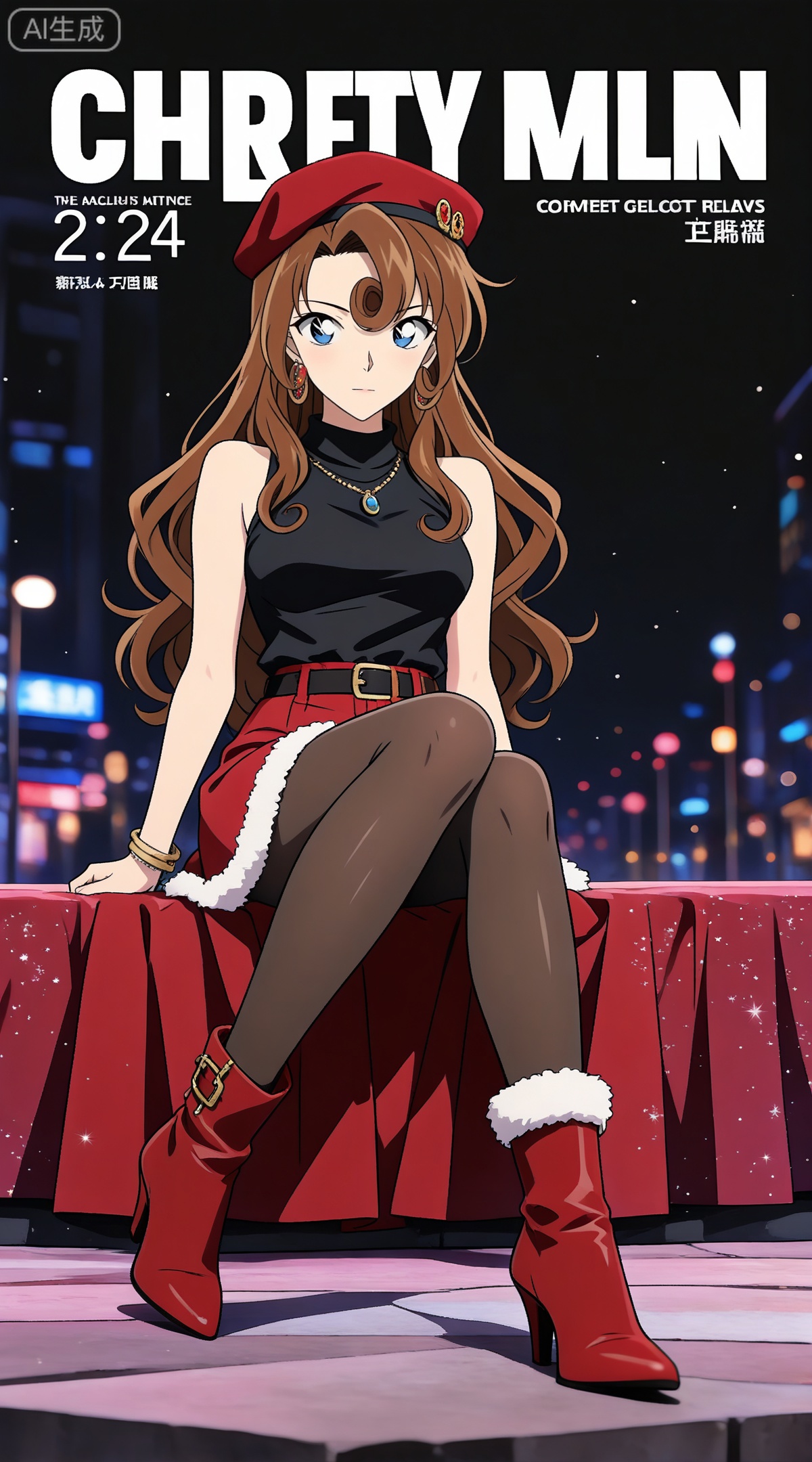 depth of field,masterpiece,best quality,very aesthetic,alternate costume,alternate costume,2024,2023,perfect composition,ultra-detailed,extreme aesthetic,masterpiece,best quality,good quality,newest,year 2024,year 2023,very aesthetic,absurdres,looking_at_viewer,colorful,
brown hair,curly hair,long hair,blue eyes,
1girl,boots,fur trim,jewelry,hat,long hair,breasts,red footwear,skirt,fur-trimmed boots,earrings,sitting,red skirt,bracelet,high heels,full body,looking at viewer,belt,closed mouth,sleeveless,high heel boots,copyright name,bangle,english text,black pantyhose,cover,medium breasts,black shirt,shirt,fur-trimmed skirt,46,
