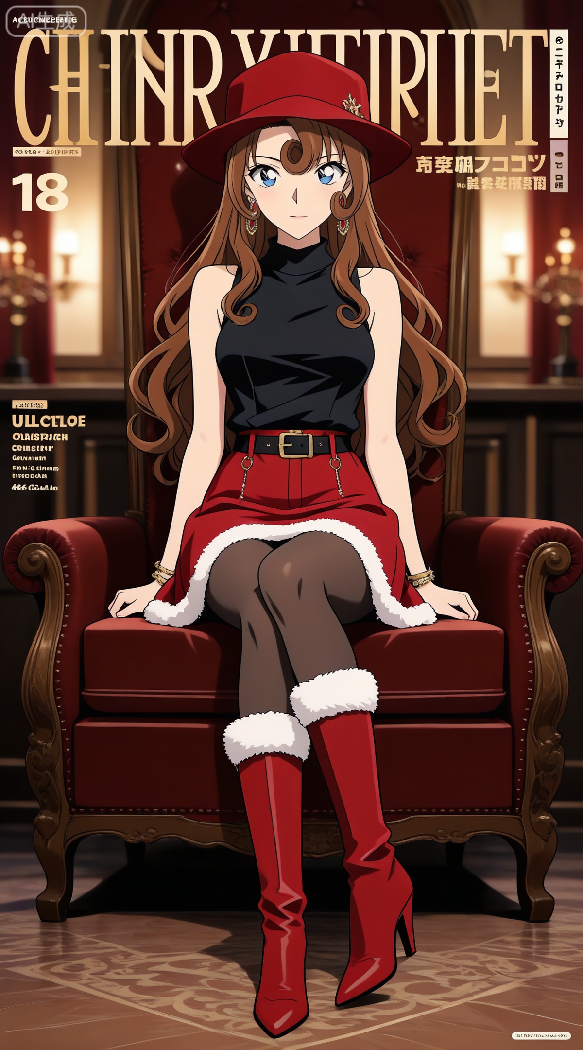 depth of field,masterpiece,best quality,very aesthetic,alternate costume,alternate costume,2024,2023,perfect composition,ultra-detailed,extreme aesthetic,masterpiece,best quality,good quality,newest,year 2024,year 2023,very aesthetic,absurdres,looking_at_viewer,colorful,
brown hair,curly hair,long hair,blue eyes,
1girl,boots,fur trim,jewelry,hat,long hair,breasts,red footwear,skirt,fur-trimmed boots,earrings,sitting,red skirt,bracelet,high heels,full body,looking at viewer,belt,closed mouth,sleeveless,high heel boots,copyright name,bangle,english text,black pantyhose,cover,medium breasts,black shirt,shirt,fur-trimmed skirt,46,
