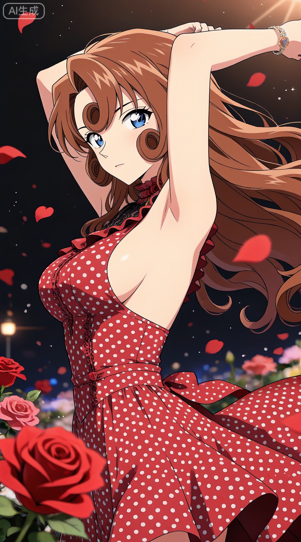 depth of field,masterpiece,best quality,very aesthetic,alternate costume,alternate costume,2024,2023,perfect composition,ultra-detailed,extreme aesthetic,masterpiece,best quality,good quality,newest,year 2024,year 2023,very aesthetic,absurdres,looking_at_viewer,colorful,
brown hair,curly hair,long hair,blue eyes,
1girl, breasts, solo, polka dot, flower, dress, rose, polka dot dress, large breasts, red flower, armpits, petals, red rose, arms up, sideboob, sleeveless, frills, rose petals,
