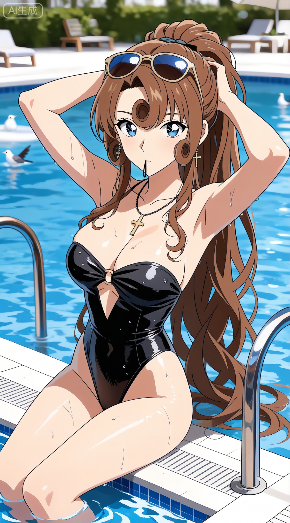 depth of field,masterpiece,best quality,very aesthetic,alternate costume,alternate costume,2024,2023,perfect composition,ultra-detailed,extreme aesthetic,masterpiece,best quality,good quality,newest,year 2024,year 2023,very aesthetic,absurdres,looking_at_viewer,colorful,
brown hair,curly hair,long hair,blue eyes,
1girl,breasts,swimsuit,one-piece swimsuit,official alternate costume,eyewear on head,solo,black one-piece swimsuit,looking at viewer,large breasts,very long hair,sitting,sunglasses,wet,see-through,bird,pool,water,thighs,cross,strapless one-piece swimsuit,highleg swimsuit,jewelry,soaking feet,tying hair,adjusting hair,arms up,transparent background,pool ladder,hand in own hair,hands in hair,arms behind head,poolside,casual one-piece swimsuit,wet clothes,earrings,highleg,white background,towel,full body,hair lift,sidelocks,necklace,21
