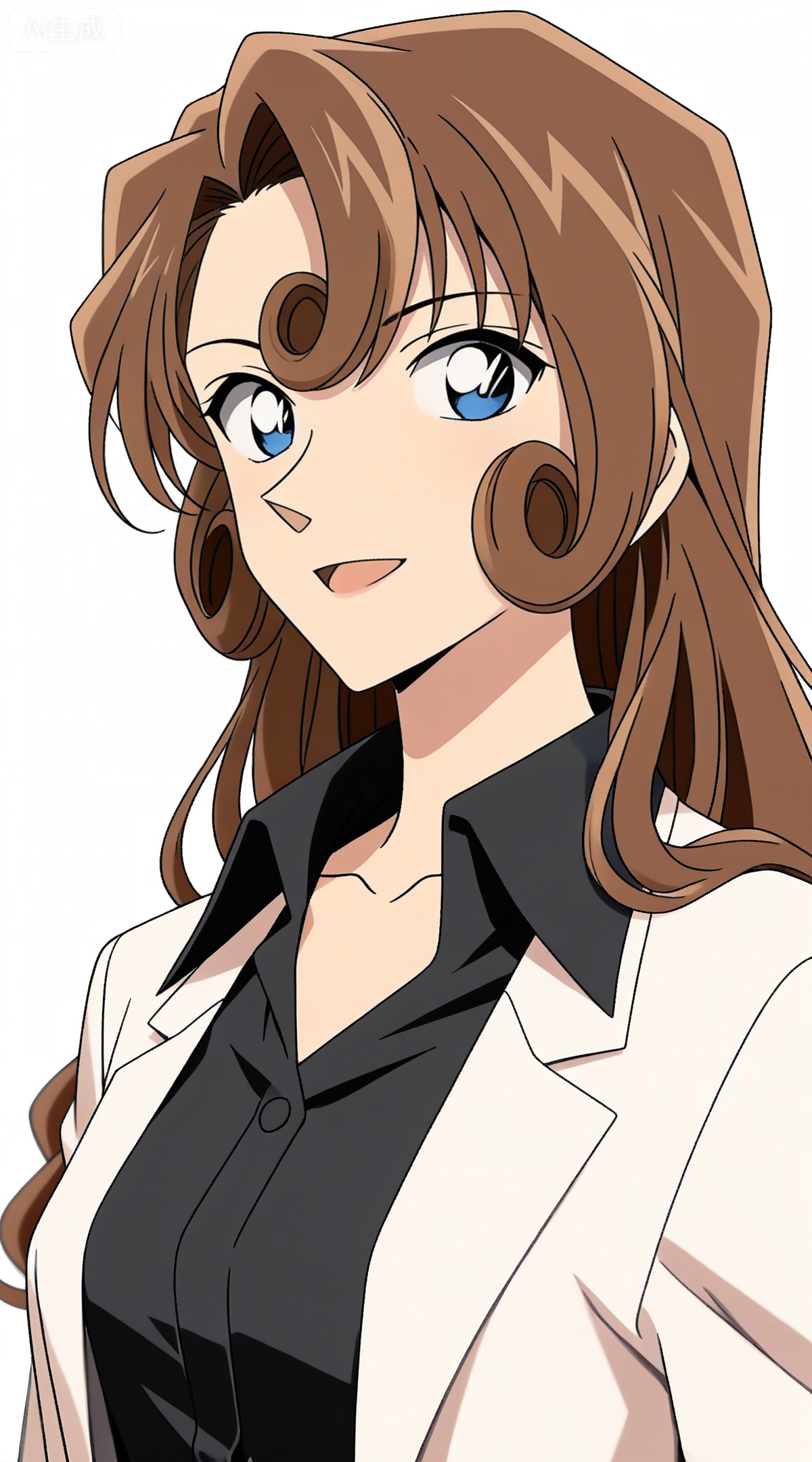 depth of field,masterpiece,best quality,very aesthetic,alternate costume,alternate costume,2024,2023,perfect composition,ultra-detailed,extreme aesthetic,masterpiece,best quality,good quality,newest,year 2024,year 2023,very aesthetic,absurdres,looking_at_viewer,colorful,
brown hair,curly hair,long hair,blue eyes,
brown hair,blue eyes,curly hair,1girl,solo,shirt,smile,black shirt,long hair,open mouth,upper body,looking at viewer,lab coat,jacket,white background,collared shirt,simple background,:d,official style,collarbone,