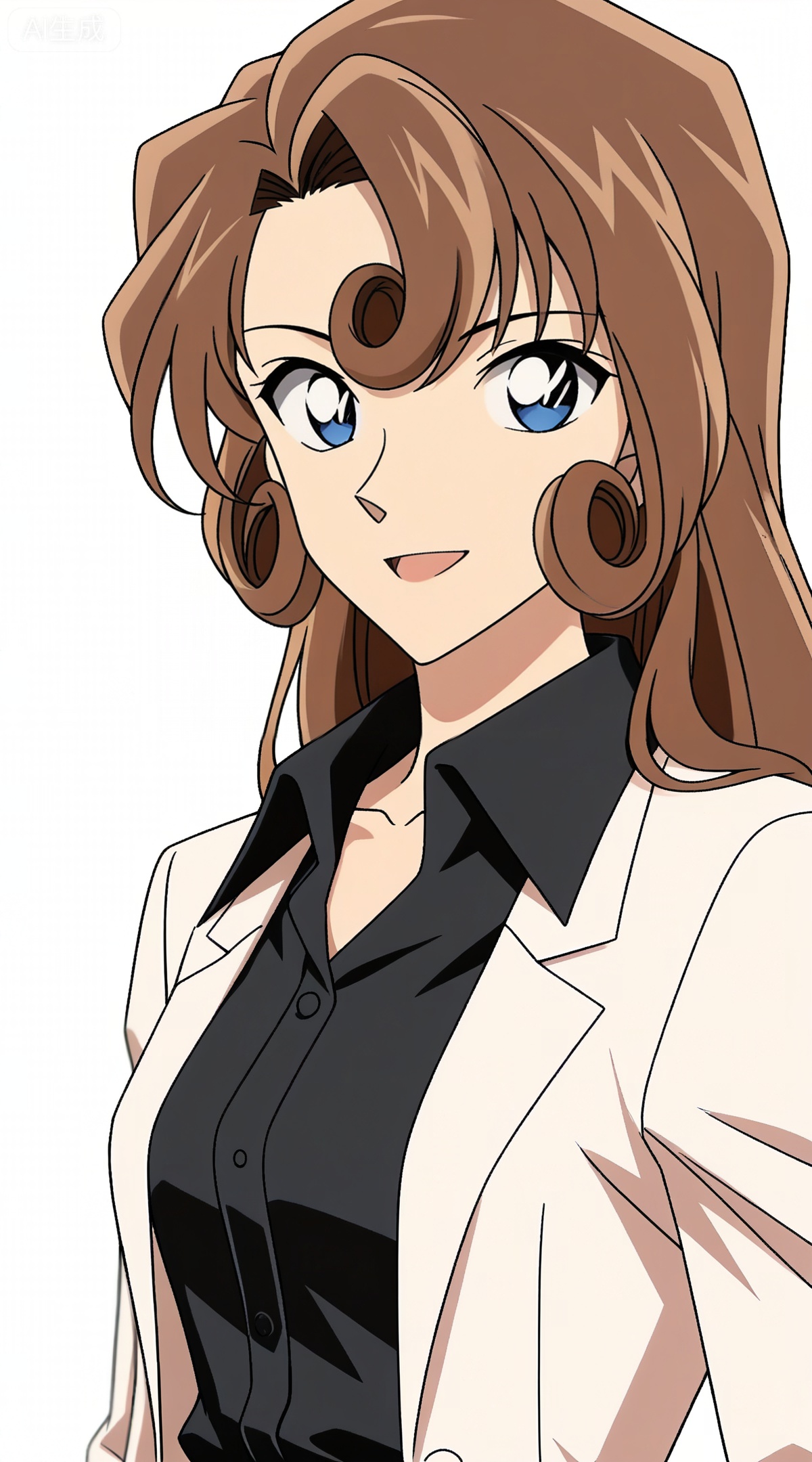 depth of field,masterpiece,best quality,very aesthetic,alternate costume,alternate costume,2024,2023,perfect composition,ultra-detailed,extreme aesthetic,masterpiece,best quality,good quality,newest,year 2024,year 2023,very aesthetic,absurdres,looking_at_viewer,colorful,
brown hair,curly hair,long hair,blue eyes,
brown hair,blue eyes,curly hair,1girl,solo,shirt,smile,black shirt,long hair,open mouth,upper body,looking at viewer,lab coat,jacket,white background,collared shirt,simple background,:d,official style,collarbone,