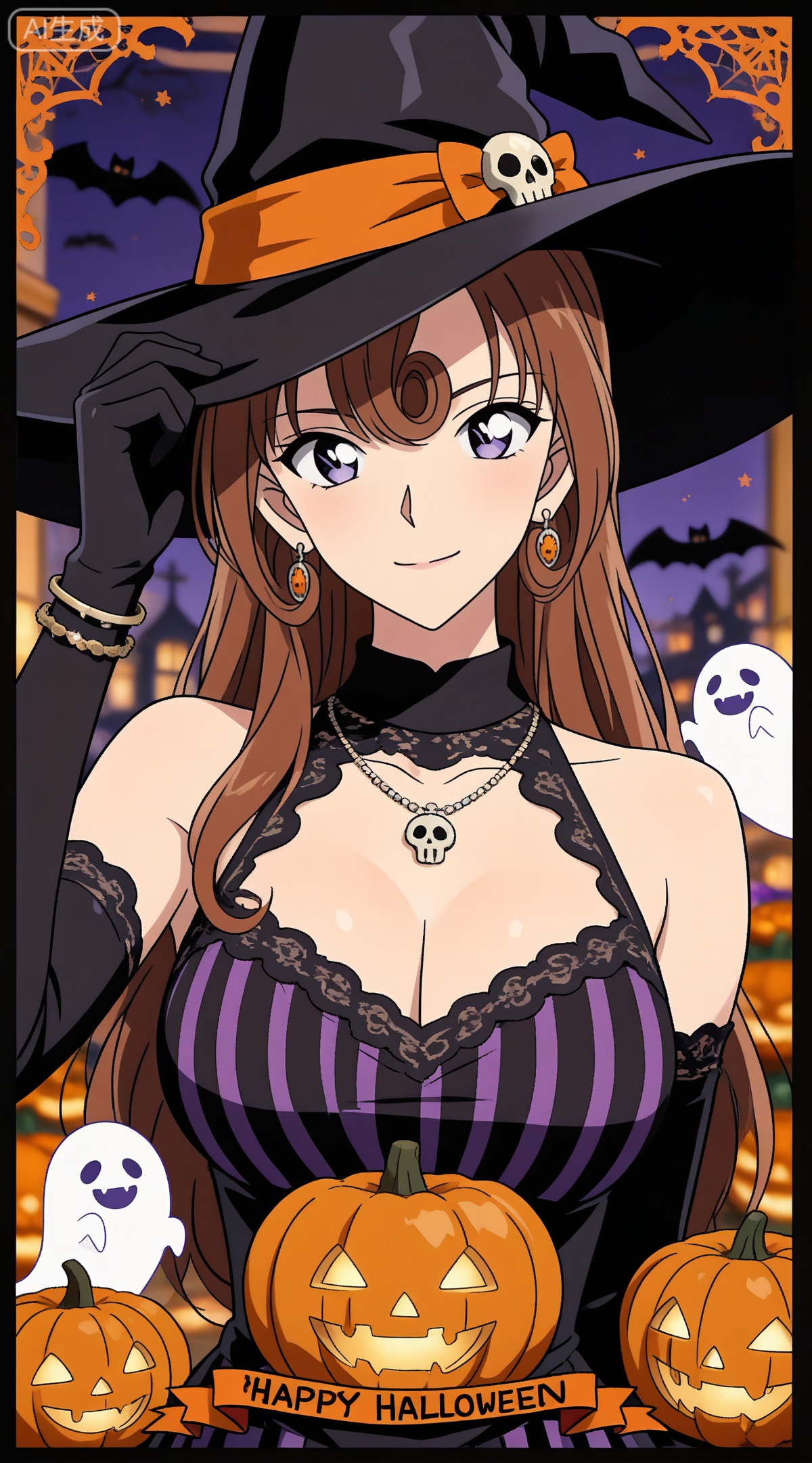 depth of field,masterpiece,best quality,very aesthetic,alternate costume,alternate costume,2024,2023,perfect composition,ultra-detailed,extreme aesthetic,masterpiece,best quality,good quality,newest,year 2024,year 2023,very aesthetic,absurdres,looking_at_viewer,colorful,
brown hair,curly hair,long hair,blue eyes,
1girl,witch hat,gloves,jewelry,hat,breasts,solo,jack-o'-lantern,dress,halloween,earrings,ghost,black gloves,necklace,looking at viewer,black dress,pumpkin,smile,black headwear,sleeveless,elbow gloves,happy halloween,sleeveless dress,striped dress,bracelet,purple eyes,border,skull,upper body,halloween costume,witch,striped clothes,hand on headwear,large breasts,closed mouth,bare shoulders,

