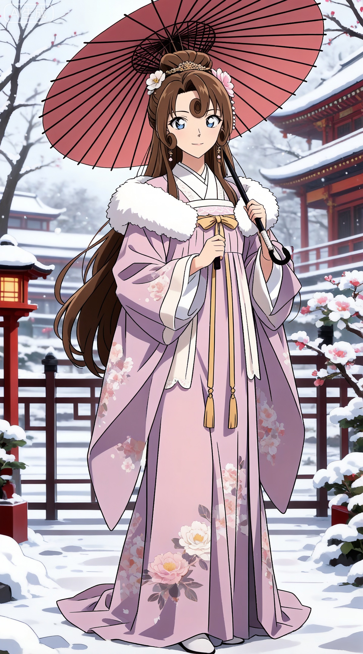 depth of field,masterpiece,best quality,very aesthetic,alternate costume,alternate costume,2024,2023,perfect composition,ultra-detailed,extreme aesthetic,masterpiece,best quality,good quality,newest,year 2024,year 2023,very aesthetic,absurdres,looking_at_viewer,colorful,
brown hair,curly hair,long hair,blue eyes,
1girl,solo,holding,umbrella,snow,holding umbrella,looking at viewer,oil-paper umbrella,tree,chinese clothes,wide sleeves,hair ornament,outdoors,official alternate costume,standing,full body,hair bun,fur trim,long sleeves,east asian architecture,architecture,flower,winter,smile,floral print,dress,fence,bare tree,closed mouth,hair flower,hanfu,23,
