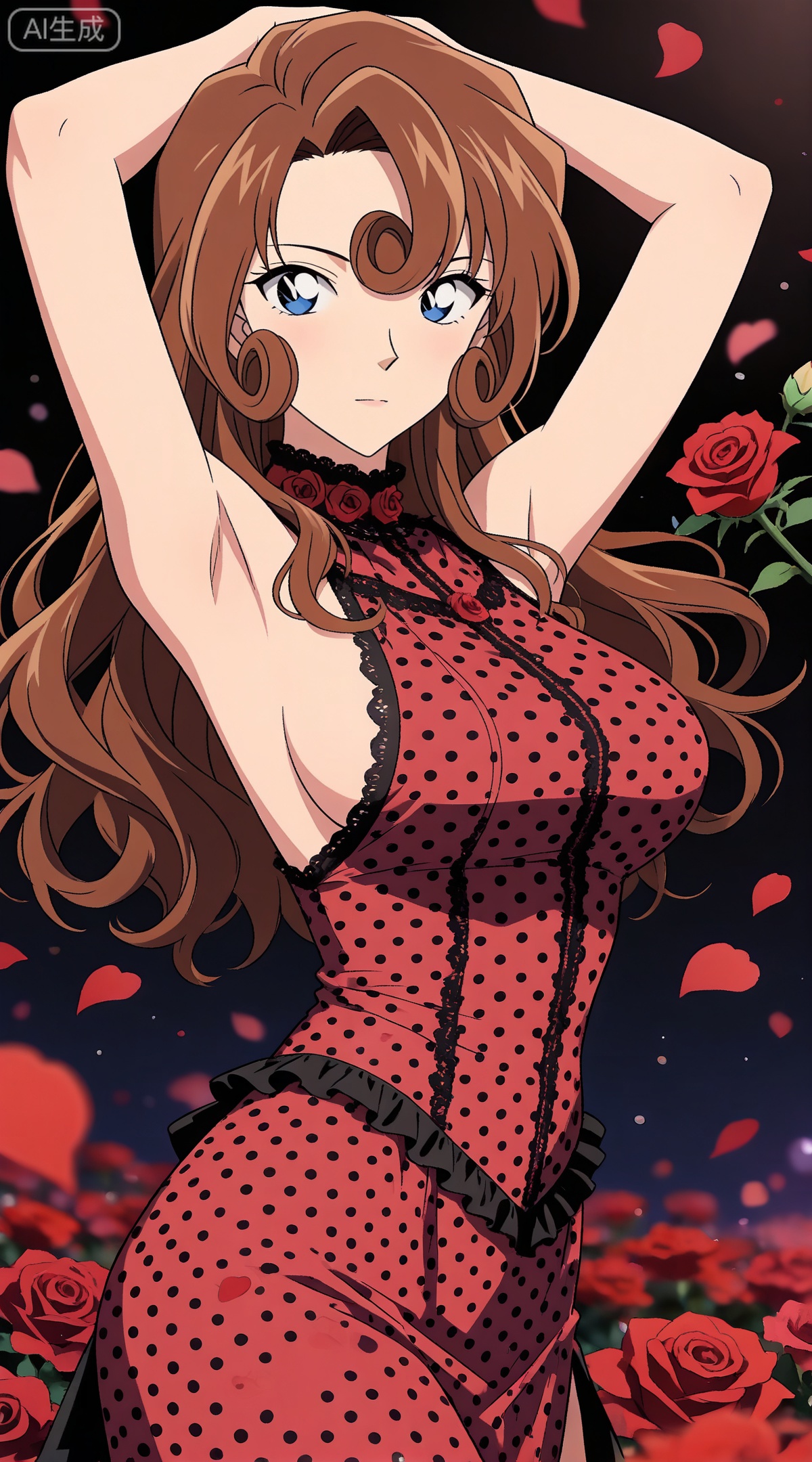 depth of field,masterpiece,best quality,very aesthetic,alternate costume,alternate costume,2024,2023,perfect composition,ultra-detailed,extreme aesthetic,masterpiece,best quality,good quality,newest,year 2024,year 2023,very aesthetic,absurdres,looking_at_viewer,colorful,
brown hair,curly hair,long hair,blue eyes,
1girl, breasts, solo, polka dot, flower, dress, rose, polka dot dress, large breasts, red flower, armpits, petals, red rose, arms up, sideboob, sleeveless, frills, rose petals,
