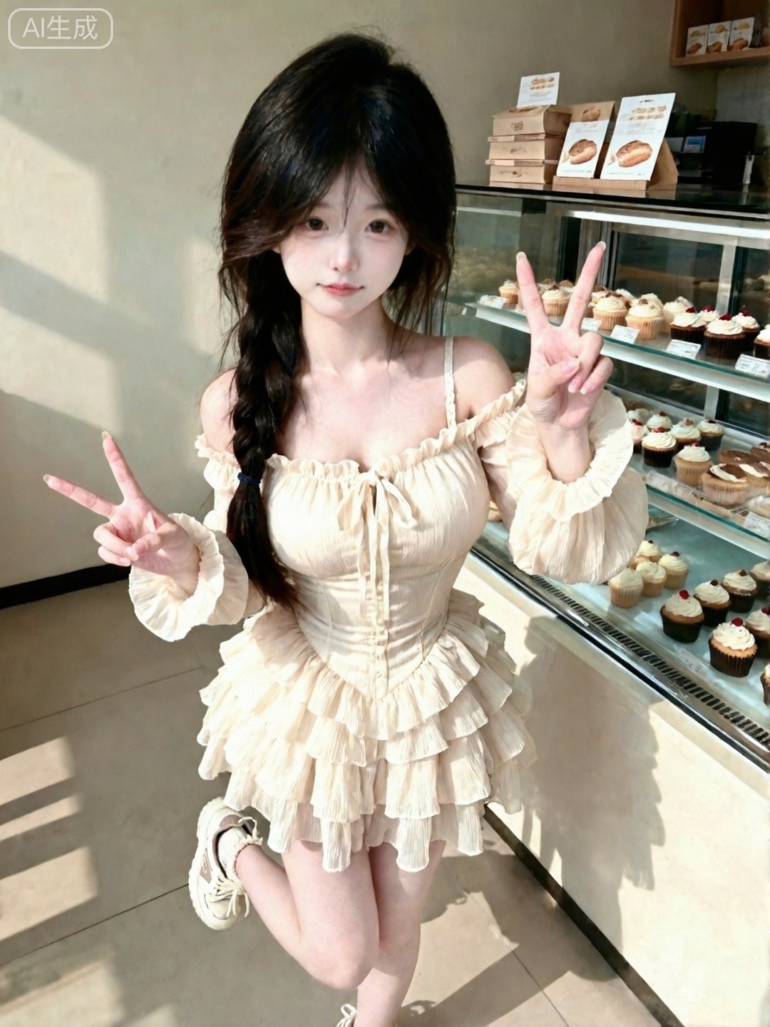 Photograph of an East Asian young woman with long black hair,The girl has her hair in a braid,taking a selfie in a brightly lit bakery.She is wearing a cream-colored, ruffled, off-the-shoulder dress with a fitted bodice and layered, tiered skirt. Her dress has puffed sleeves and a small bow at the neckline. She is standing in front of a glass display case filled with various pastries, including cupcakes with red topping. The woman is making a peace sign with her left hand. She is wearing white lace-up sneakers with a beige ****. The bakery has light-colored tiled floors and beige walls. Sunlight streams in from the left, casting soft shadows. In the background, there are boxes of pastries on a shelf. The woman has a light skin tone and a subtle smile. Her makeup is minimal, highlighting her natural features. The overall mood of the photograph is cheerful and playful.