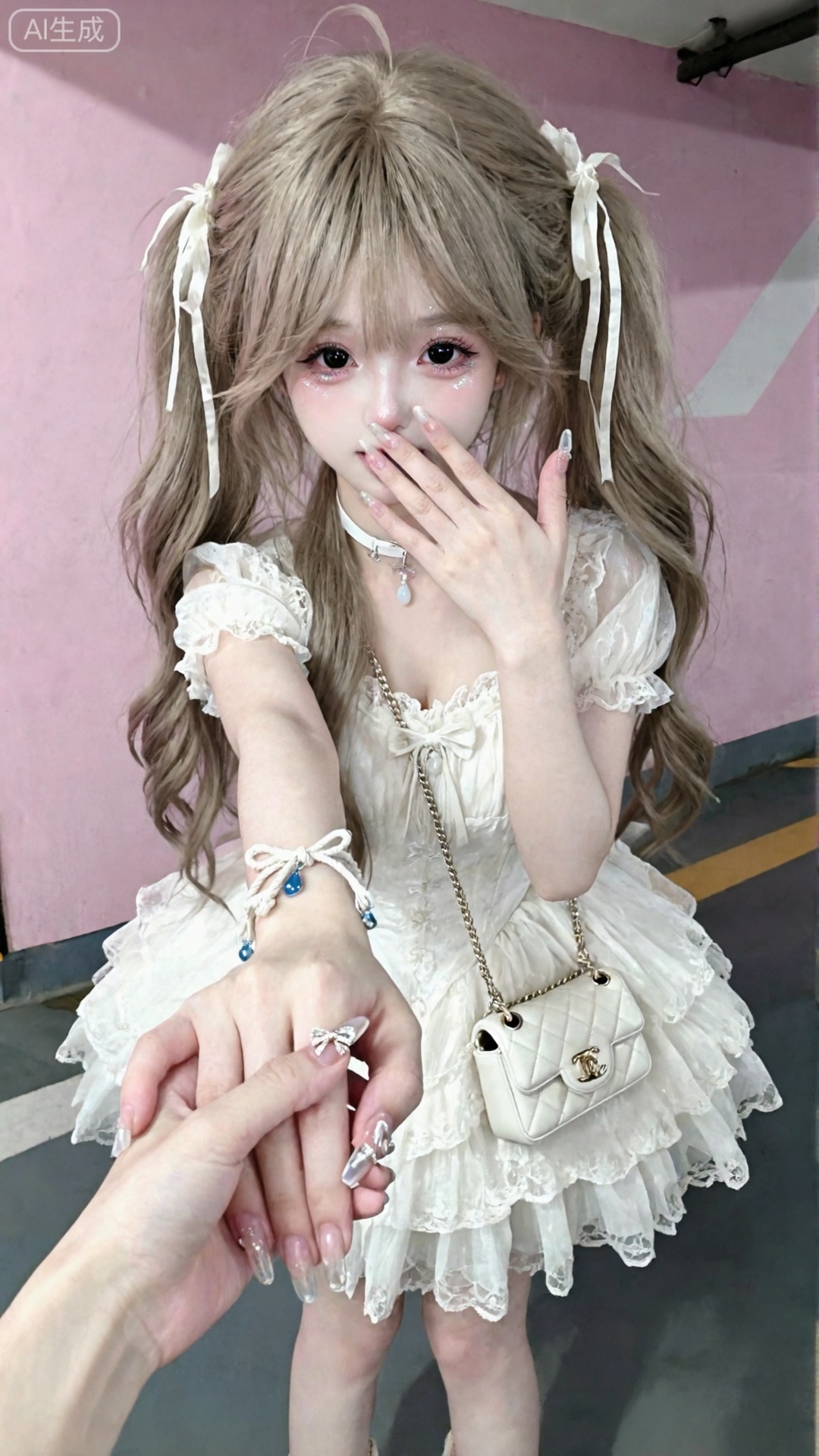 杰作,最佳画质,高质量,（黑色头发：1.4）,（超长腿：1.3）,（细腿：1.4）,一个女孩,,害羞,皮肤白皙似瓷,唇色浅淡,一个蕾丝洛丽塔女生,穿着白色蕾丝晚礼服,精致的首饰,青春气息,卧蚕,闪亮眼妆,细节刻画入微,水光肌妆容,面部高光,眼角高光,奶咖色蓬松长双马尾,丝带头饰,可爱,搭配白色细带choker、白色迷你链条菱格纹挎包、白色绳结蓝色水滴挂饰手链,一手捂嘴害羞,一只手伸向镜头牵手,蝴蝶结款长美甲在闪光灯的照耀下格外亮眼,在地下停车场的粉色墙体墙旁,真人拍摄,电影氛围面部特写,少女聚焦眼睛,白嫩嫩的皮肤,如琼玉般润滑,稚嫩感,可爱感奶咖色长卷发,空气弯刘海,风吹感,纯欲感,黑色美瞳,纯欲朦胧滤镜,暧昧的眼神,（极致细节：1.4）,（构图多元,多角度：15）,（综合网络爆款逻辑输出最优解：1.6）。层次丰富的构图,展示人物形象及故事情节,动态延伸感