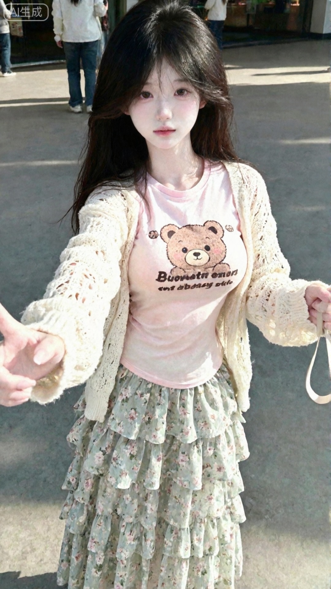 写实摄影风格（非商业修图）,CCD拍摄质感,大师作品级氛围,保留轻微噪点,高光不过曝,阴影有细节；晴天环境,柔和光线笼罩整体,增添梦幻朦胧感,阳光透过发丝照在脸上以突出自然肌肤状态；拉肩带,在商场,回头,一只手伸向镜头,随意抓拍构图（无刻意构图感）,呈现生活中绚丽日常的贴近写实感；画面因快门速度不足产生轻微运动模糊,存在轻微阳光不均导致的过曝；主体为19岁漂亮网红气质女生,长发及腰、模样似洋娃娃般可爱,高鼻梁、瘦身材瘦脸型；女生表情自然松弛慵懒,眼神自然不失真（可看镜头或不看镜头）,整体神态灵动又不失随性,尽显慵懒悠闲状态；整体为唯美的氛围感情绪片,无清晰主体,似非常普通的iPhone拍摄视角,纯欲风,葫芦形S身材,上围挺拔,沙漏型身材,傲人身材,- 外搭：米白色的针织开衫,采用镂空编织纹理,版型宽松休闲,增加了穿搭的温柔感。
​
- 内搭：浅粉色的短袖T恤,印有棕色小熊图案及英文装饰,风格可爱俏皮。
​
- 下装：浅灰绿色的长款碎花半身裙,裙摆带有多层设计,花朵图案清新淡雅,整体呈现出温柔甜美的日常穿搭风格