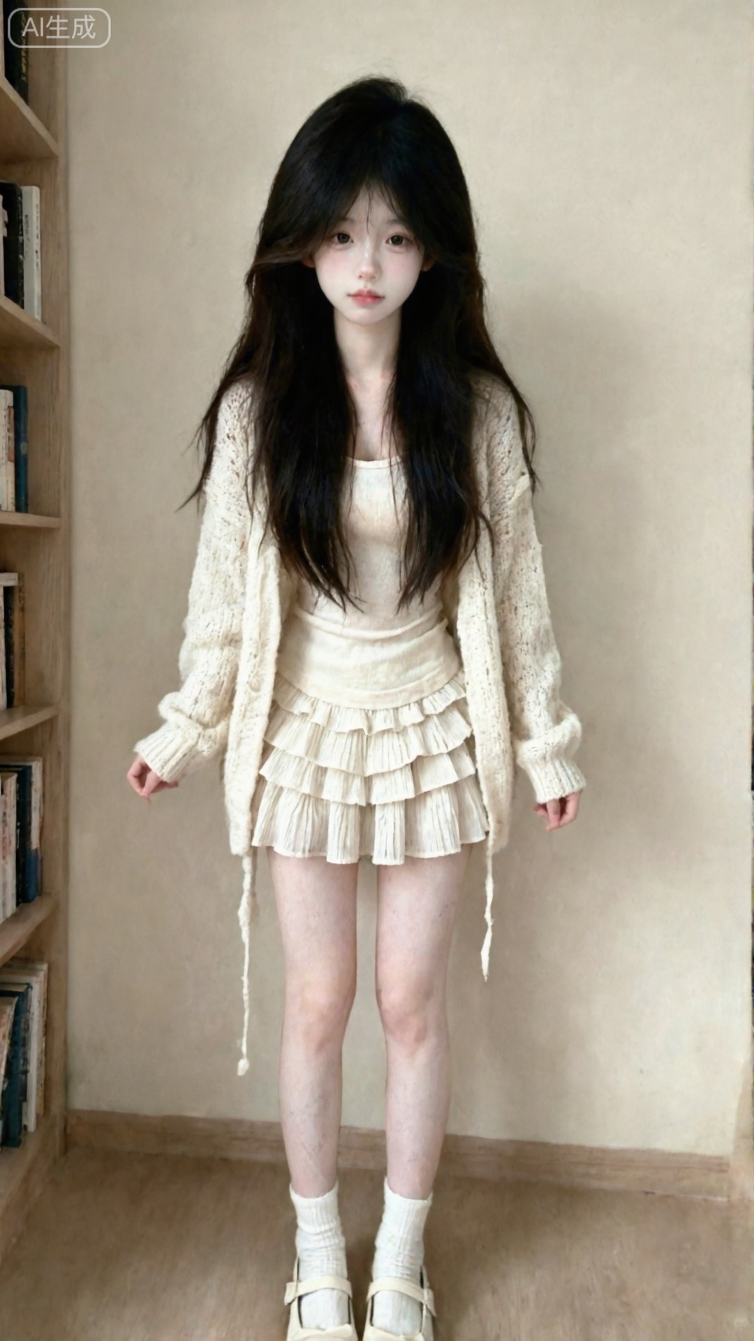 手机拍摄风格,整体风格松弛、慵懒、轻松的感觉,日常快照保留真实的噪点,正面平视角度拍摄,主体是一个长发女孩,她的皮肤白皙,穿着米白色系带宽松针织开衫,内搭可爱背心,米白色多层百褶裙,白色袜子和可爱鞋子,双腿笔直站立,背景是书房,浅米色墙面,室内柔和的漫射光。人物的双腿笔直站立。