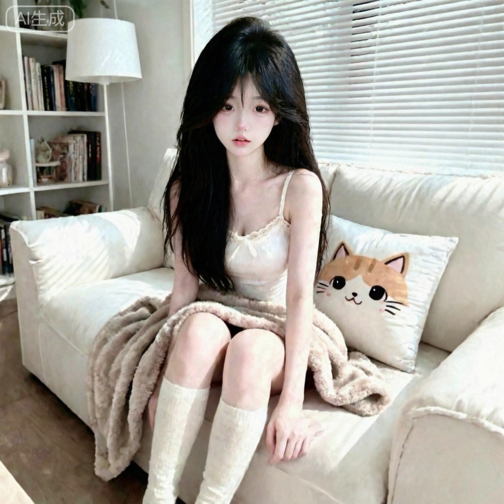 The photograph features a young Asian woman with long, straight black hair and fair skin, sitting on a white, modern-style couch in a bright, sunlit living room. She is wearing a white, sleeveless, lace-trimmed camisole. and a light brown, fuzzy blanket draped over her lap. Her legs are extended and she is wearing white, knee-high socks. Her expression is neutral, with slightly parted lips and a gentle gaze directed at the camera. To her right, there is a white, rectangular pillow with a cute, orange, cat-like face printed on it. The couch is positioned against a wall with large, white, horizontal blinds that allow sunlight to filter through, casting soft shadows in the room. Behind her, to the left, there is a white, built-in bookshelf filled with various books and decorative items. A white, modern floor lamp with a cylindrical shade stands next to the bookshelf. The floor is made of light brown, polished wood, adding a warm contrast to the otherwise white and soft-toned room. The overall ambiance of the photograph is cozy and serene, with a focus on the womans relaxed and comfortable appearance.