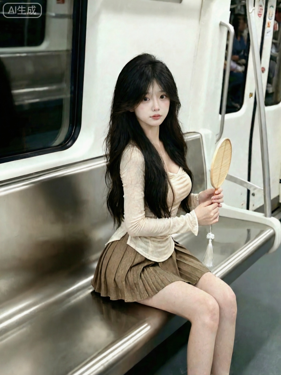 一位年轻女性坐在地铁车厢的金属长椅上,身穿米色收腰上衣和棕色百褶裙。她留着黑色长发,披散在肩上,手中拿着一把圆形木质扇子,扇子下方挂着白色流苏。她侧身看向镜头,神情自然,背景是地铁车厢的玻璃窗和金属扶手。