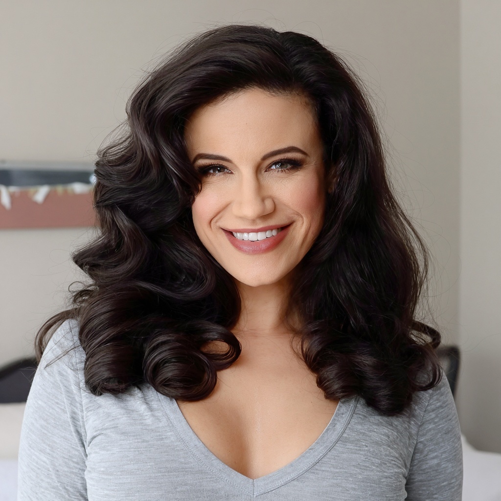 Contemporary personal beauty photograph,  open chest-up composition dominated by expansive brunette curls and a bright smi...
