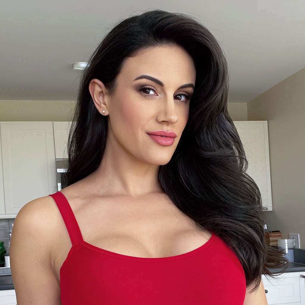 Casual home smartphone portrait,  asymmetrical head-and-shoulders composition structured by a large sweep of dark hair and...