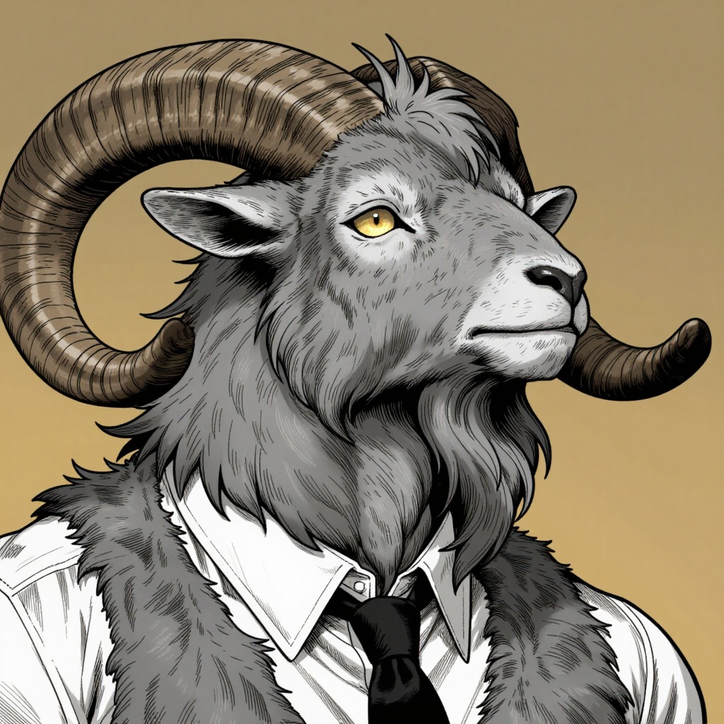 This anthro-style illustration features a majestic,  humanoid goat character with prominent curved horns and a thick,  tex...