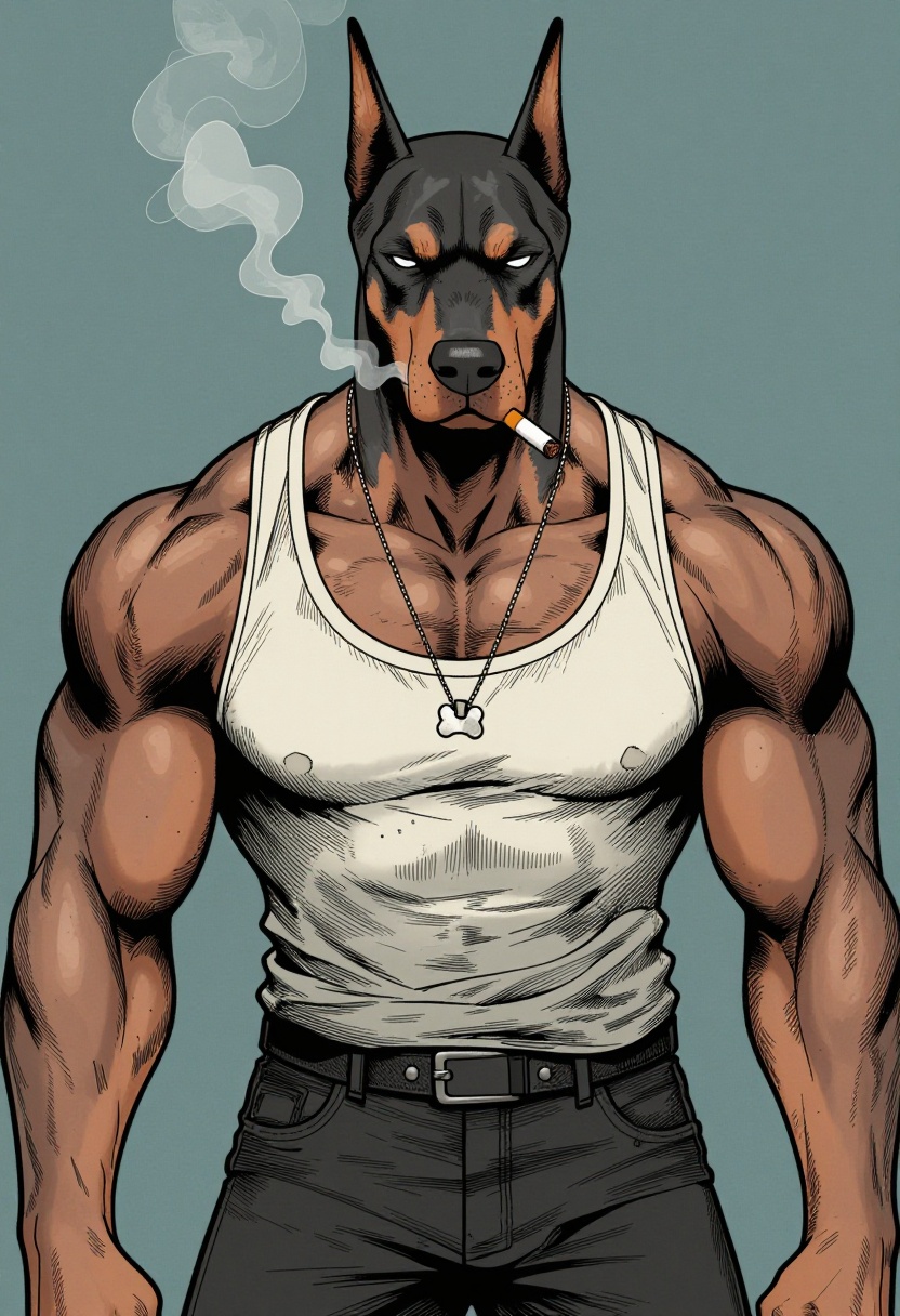 This anthro-style illustration depicts a powerfully built,  muscular Doberman with a stoic and slightly menacing expressio...