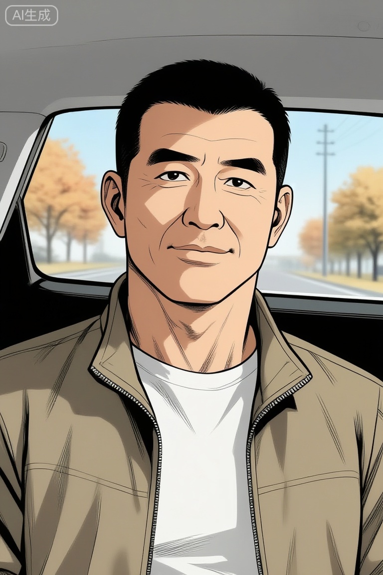 漫画,tgywl,1man,by Takame Gengorou,极致细节,4K壁纸,最高质量,杰作,极致清晰,DY,在中国,
50岁左右的中年男性孙浩,气质沉稳平和,留着短黑发,身着卡其色拉链外套（内搭白色衣物）,坐在车内,车窗外能看到带有秋意的树木与街道,车内光线自然。,中国男性,KYNZ