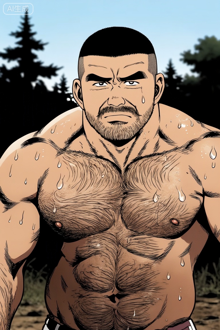 by Takame Gengorou,1man,tgywl,漫画,
一位身材健硕的中年男性,寸头造型,留有胡须。他赤裸上身,肌肉线条明显且带有水珠,整体画面呈现出硬朗、野性且充满质感的户外氛围。,田龟源五郎风格