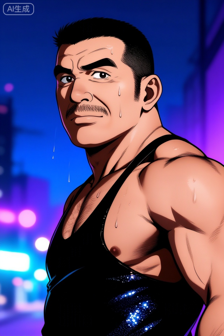 彩色漫画,田龟源五郎风格,极致细节,4K壁纸,最高质量,杰作,极致清晰,最高质量,杰作,
男性, 
一个中年男人,有一张硬朗、阳刚的脸和整洁的短发。他赤膊上阵,肌肉被脂肪覆盖,但身体紧绷,肌肉线条有力,置身于迷幻的蓝色与紫色霓虹灯光中,他正回眸凝视镜头,眼神充满故事感,他身着带有亮片的黑色吊带背心,脸上的汗滴被风吹起,背景是虚化的都市夜景与闪烁的灯光,摄影,照片级真实,人像模式,焦距85mm,光圈f/1.4,ISO 400,背景光斑如奶油般化开,极致细节,4K壁纸,电影感光影,