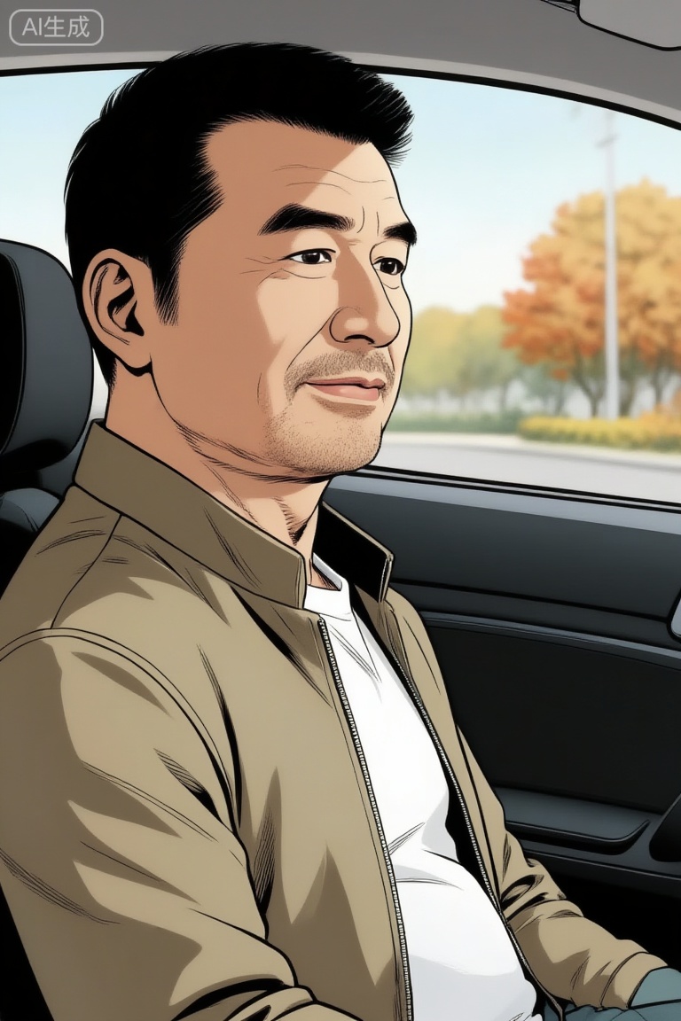 漫画,tgywl,1man,by Takame Gengorou,极致细节,4K壁纸,最高质量,杰作,极致清晰,DY,在中国,
50岁左右的中年男性孙浩,气质沉稳平和,留着短黑发,身着卡其色拉链外套（内搭白色衣物）,坐在车内,车窗外能看到带有秋意的树木与街道,车内光线自然。,中国男性,KYNZ
