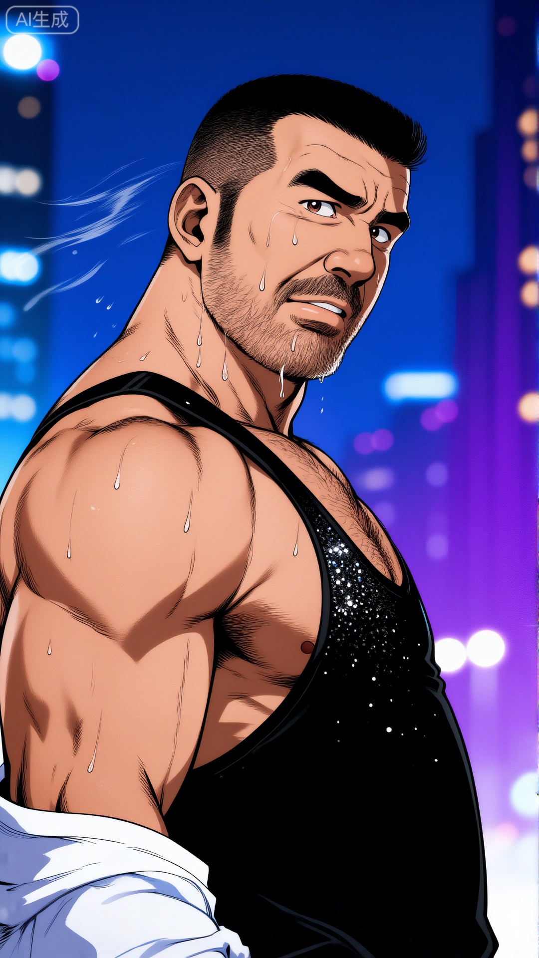 彩色漫画,田龟源五郎风格,极致细节,4K壁纸,最高质量,杰作,极致清晰,极致细节,4K壁纸,最高质量,杰作,
男性, 
一个中年男人,有一张硬朗、阳刚的脸和整洁的短发。他赤膊上阵,肌肉被脂肪覆盖,但身体紧绷,肌肉线条有力,置身于迷幻的蓝色与紫色霓虹灯光中,他正回眸凝视镜头,眼神充满故事感,他身着带有亮片的黑色吊带背心,脸上的汗滴被风吹起,背景是虚化的都市夜景与闪烁的灯光,摄影,照片级真实,人像模式,焦距85mm,光圈f/1.4,ISO 400,背景光斑如奶油般化开,极致细节,4K壁纸,电影感光影,