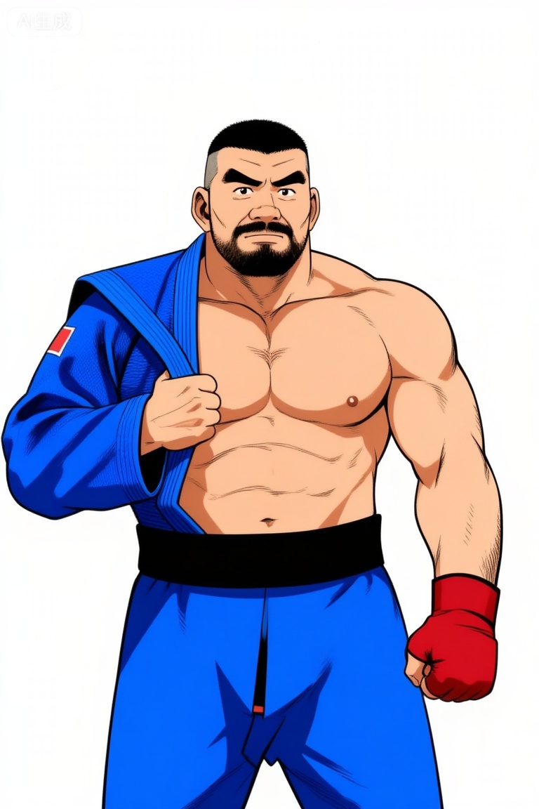 彩色漫画,田龟源五郎风格,极致细节,4K壁纸,最高质量,杰作,极致清晰,极致细节,4K壁纸,最高质量,杰作,
男性, 38岁左右的中年男性赵磊,气质硬朗且充满力量感,留寸头、面部有胡须,赤裸上身（肌肉线条饱满）,穿着蓝色柔道裤,右手搭着蓝色柔道服,身处纯白背景前,整体画面光线明亮均匀。脂包肌身材,中国男人,