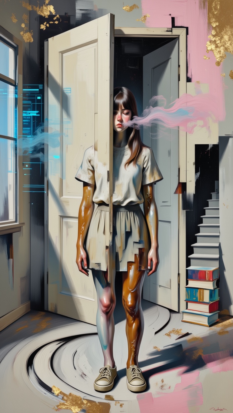 a girl stands quietly in what appears to be a familiar space — a room,  a street,  a field she knows by heart but small de...
