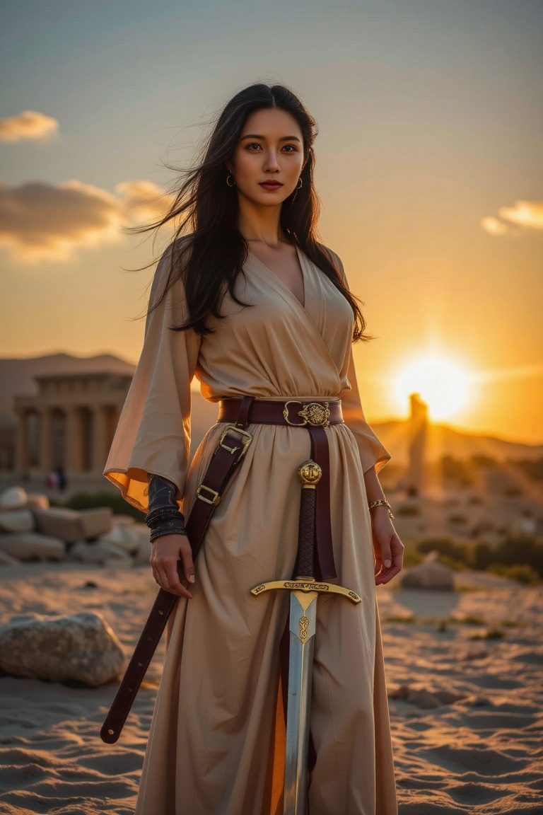 An epic and breathtaking portrait of a majestic Asian woman standing proudly before ancient ruins,  like Palmyra,  at suns...