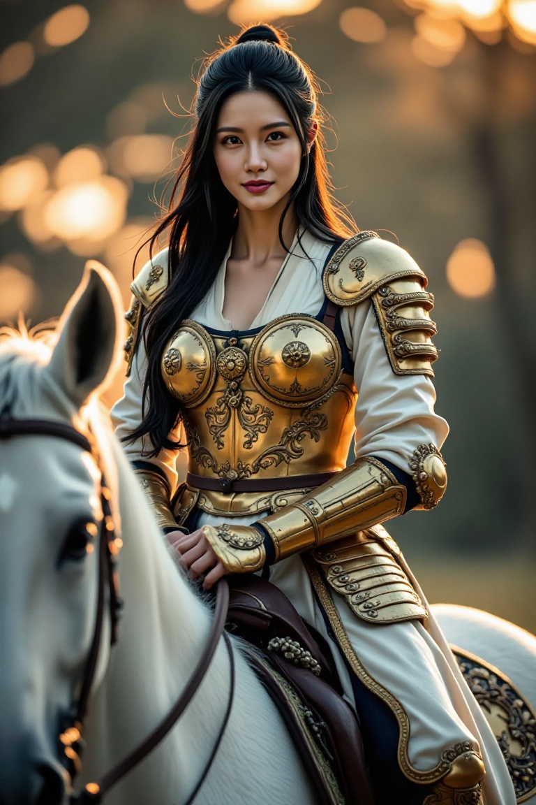 Create an image of a beautiful busty Asian woman. The woman is seated on a beautiful,  majestic white horse. She has long,...