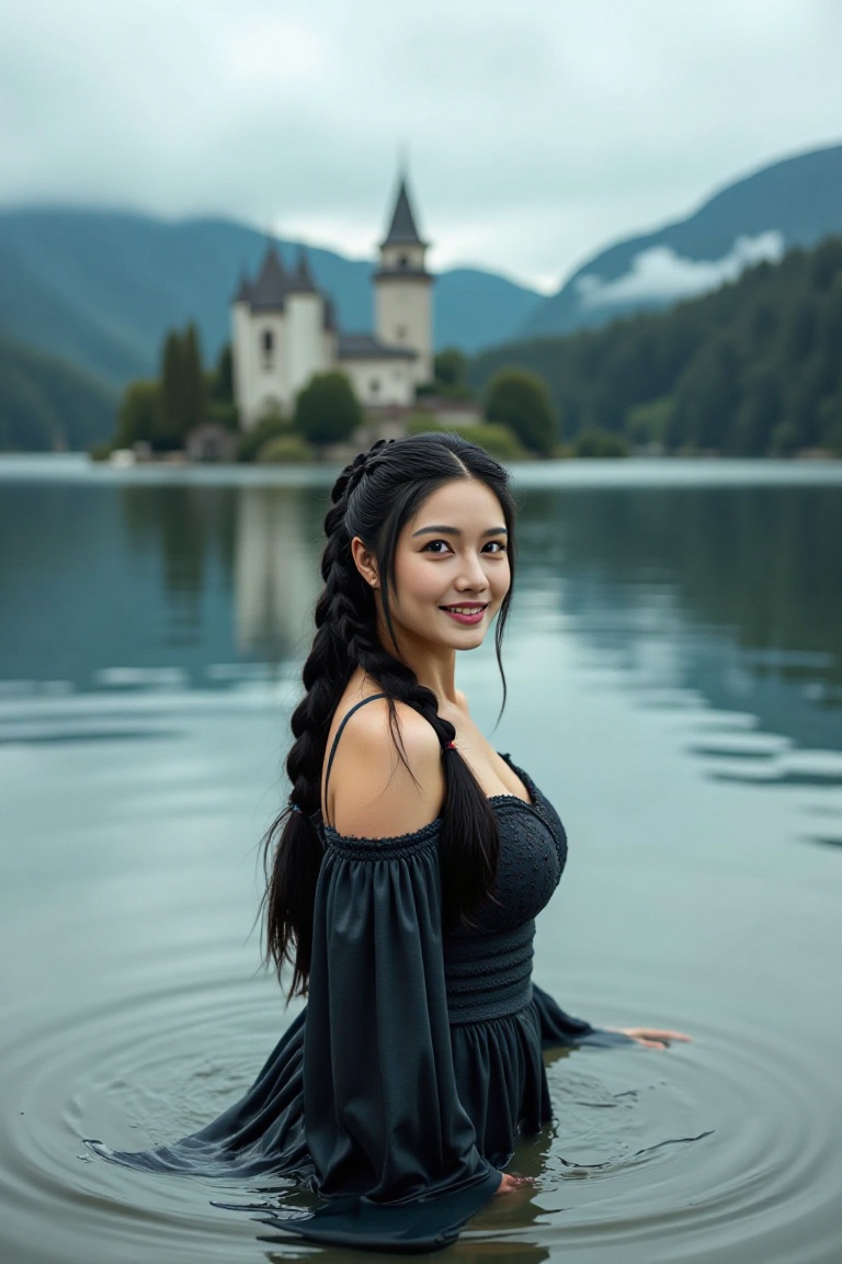A cinematic and SFW photo. An Asian woman with her hair in two long braids stands waist deep in a lake with her back to th...
