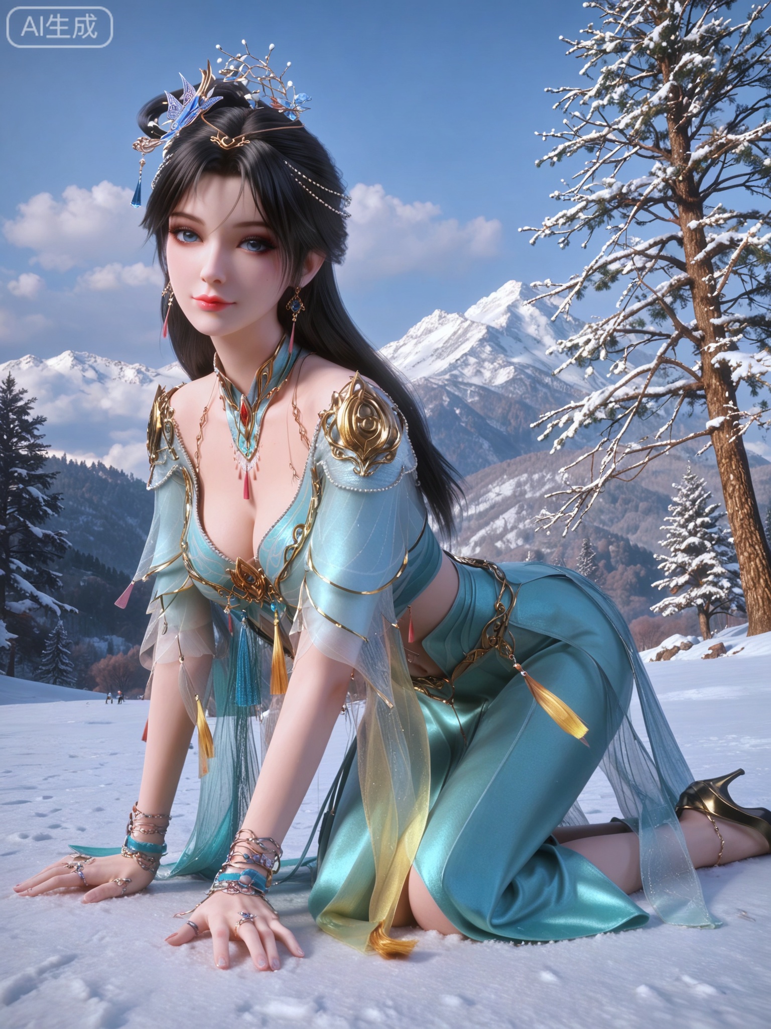 score_9,score_8_up,score_7_up,masterpiece,(best quality),(intricate details:0.9) BREAK (intricate details:0.9),(realistic skin:1.2),masterpiece,best quality,newest,absurdres,hiahres,1girl,jewelry,hair ornament,dress,necklace,lips,eyeshadow,bracelet,tassel,(8k ultra-clear, pony style),photo pose 0.6, micro-expression: soft smile 0.3, half-body + medium shot 0.7,1girl,looking_at_viewer,1boy,hair,realistic,photorealistic,Vivid Colors,bright environment,shiny skin,shiny hairjewelry,detail eyes,Eyes highlights,glowing,sunshine,bright,reflection,bright,sunshine on face,shiny,shinny,petite,thin,leg slimming,lose weight,slim hips,lakeside,delicate water,reflection,(full body:1.3)sitting_down,eyelashes,snow,Winter,Snowy landscape,Snow accumulation,Christmas tree,(huge breasts:1),