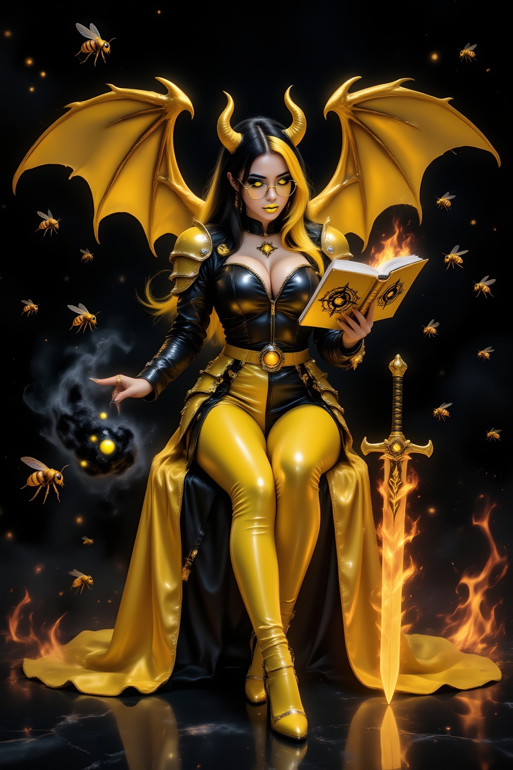 A busty girl with huge chrome-yellow devil wings (like bat-like wings),  with an expression full of wisdom,  wearing a bla...