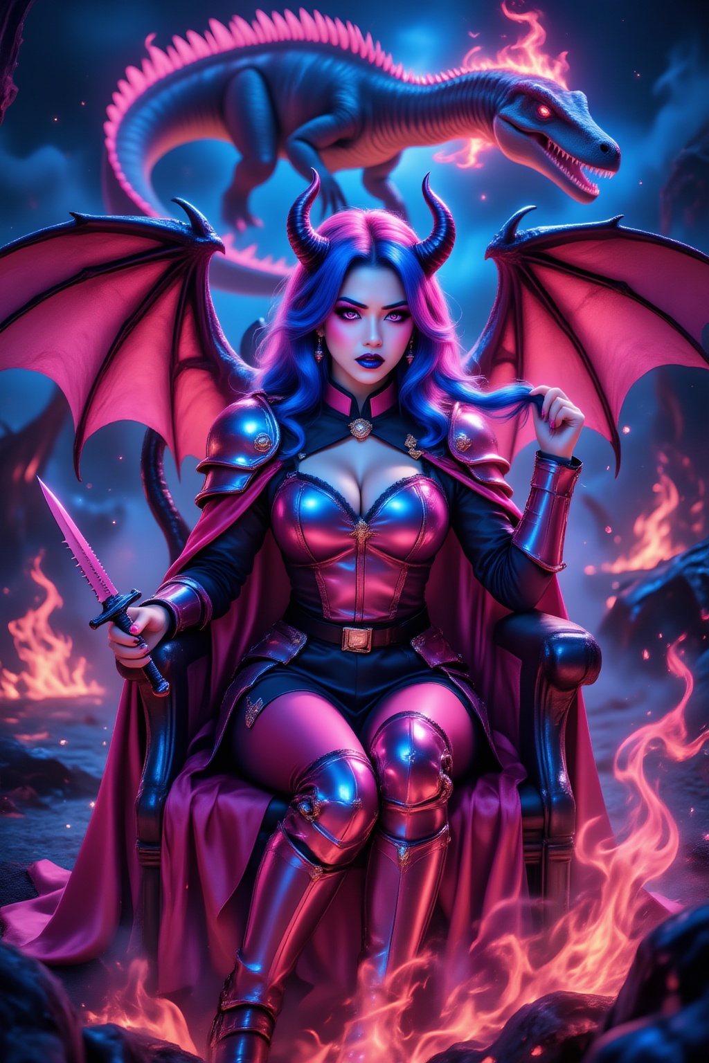 A busty girl with huge dark pink and blue demon wings (like bat-like wings),  with a jealous expression on her face,  wear...