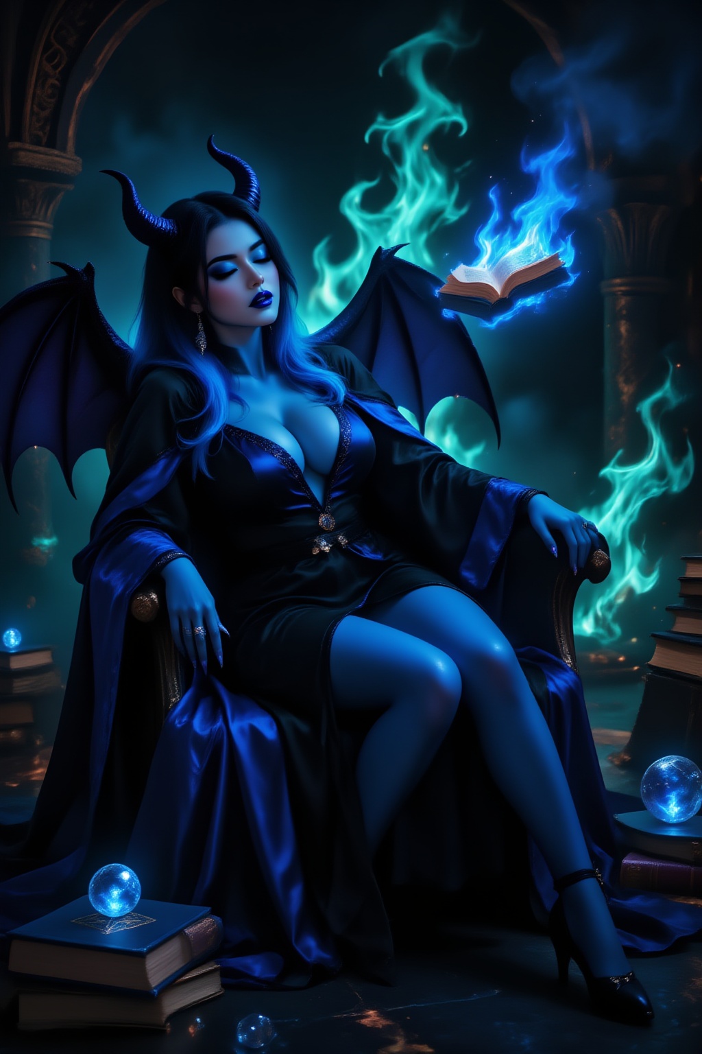 A busty girl with huge turkish blue demon wings (like bat-like wings),  eyes closed,  lazy expression on her face on Tenso...