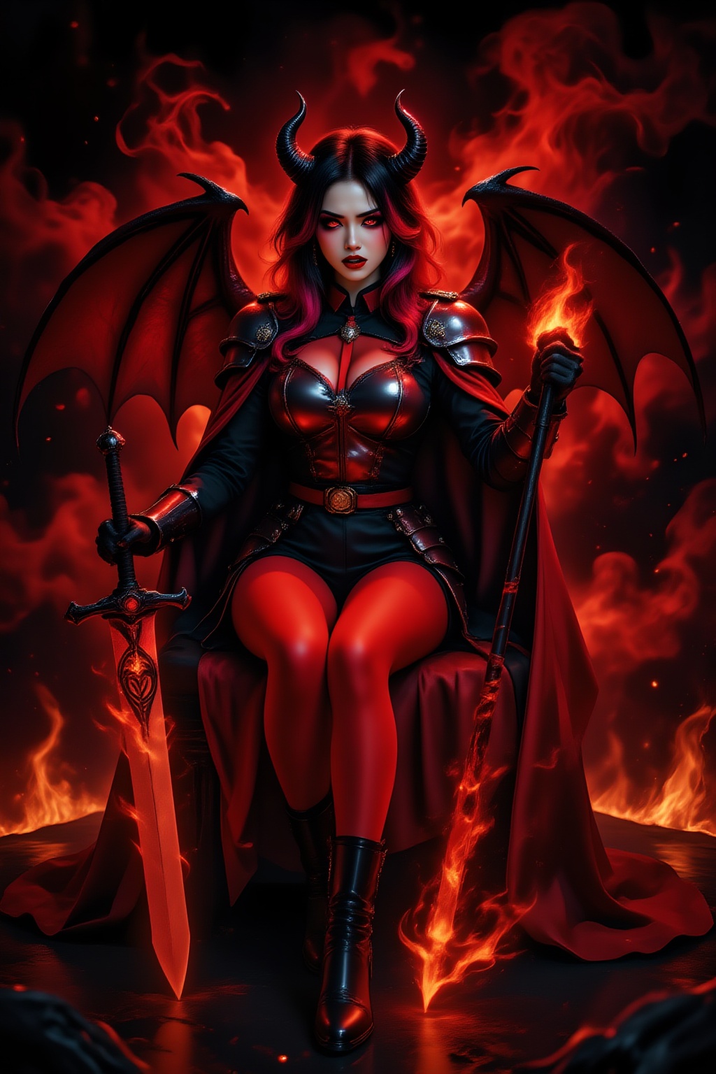 A busty girl with huge bright red demon wings (like bat-like wings),  with a cold and disgusted expression on her face,  w...
