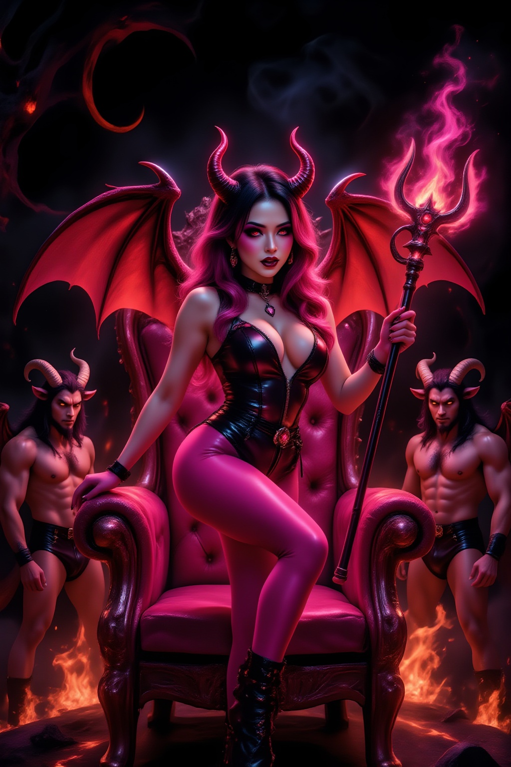 A busty chick with huge ruby ​​red demon wings (like bat-like wings) with a lustful expression on her face,  wearing a bla...