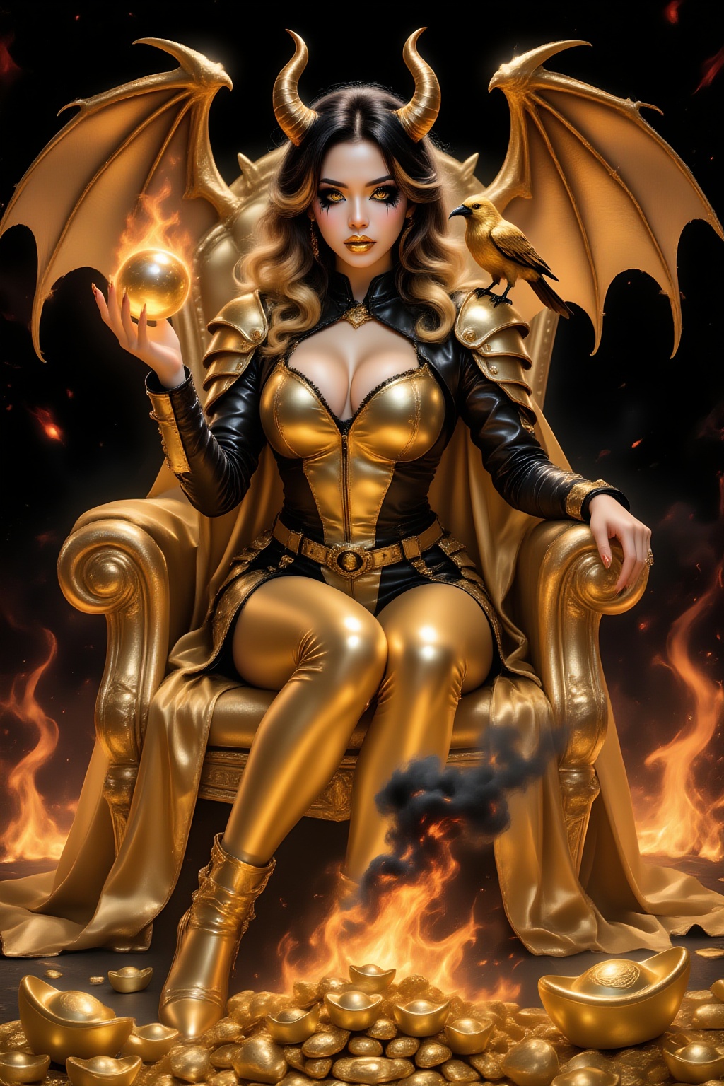 A busty girl with huge golden devil wings (like bat-like wings),  with a show-off expression on her face,  wearing a black...